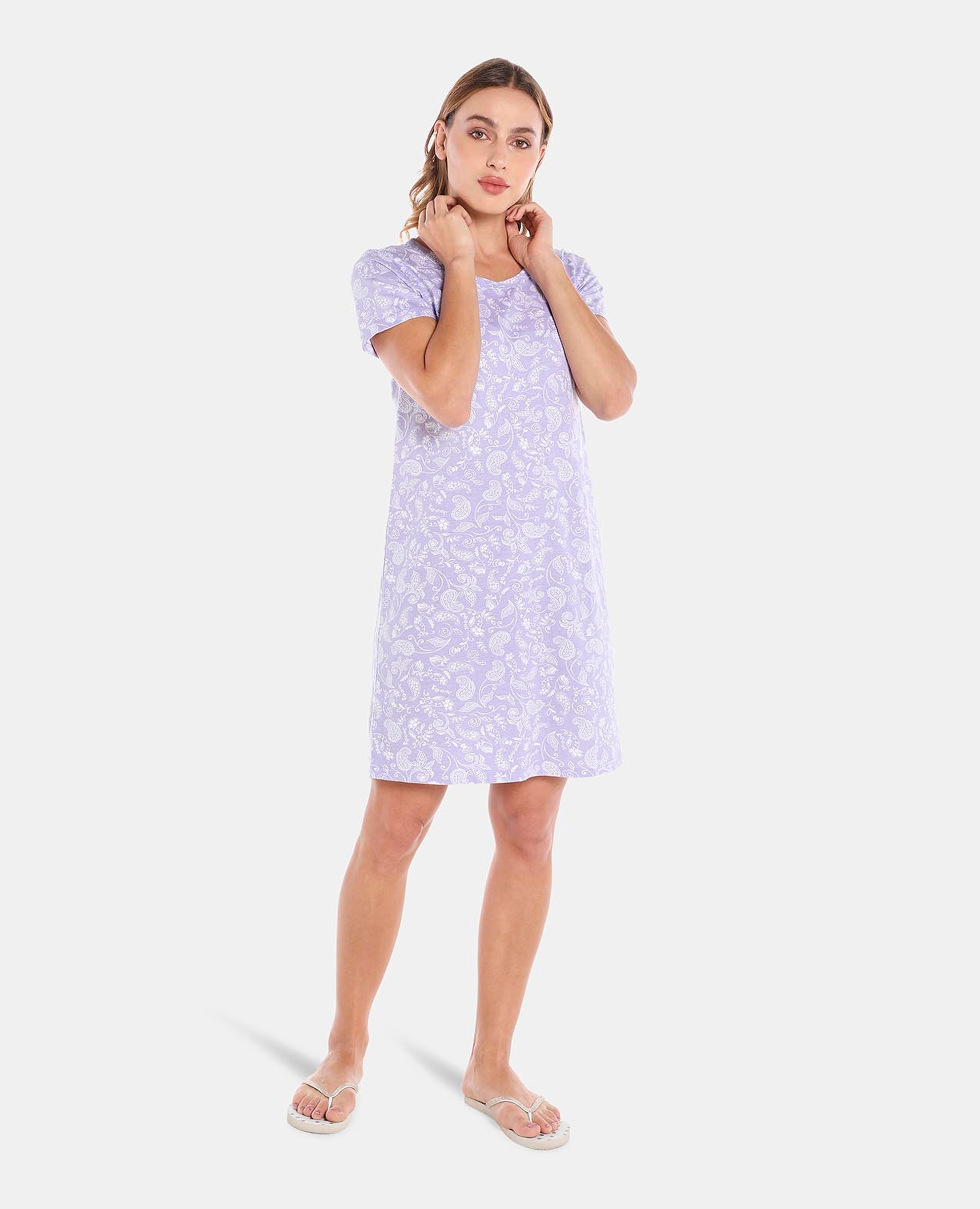 Lilac Printed Round Neck Nightdress
