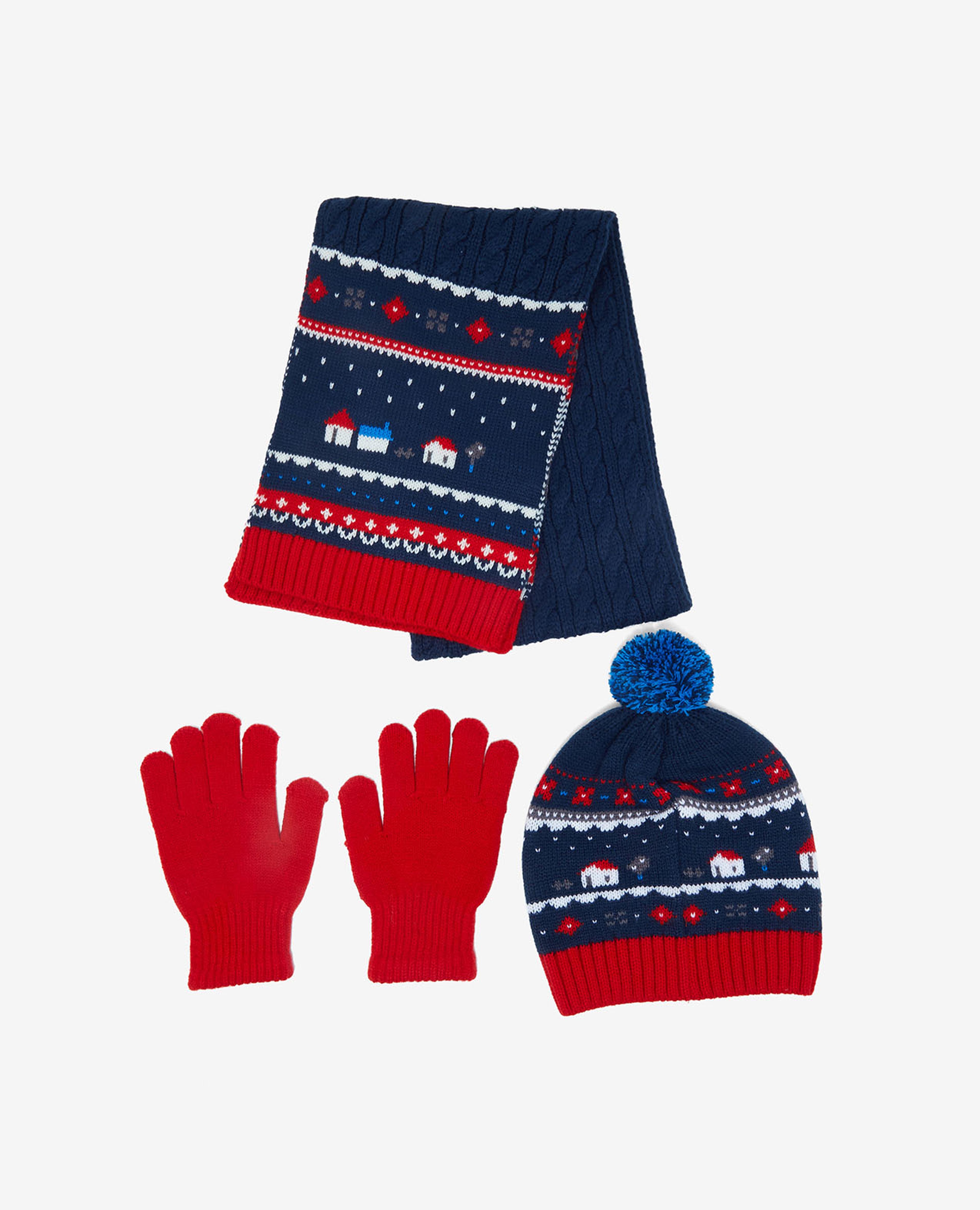 Patterned Set of Scarf, Cap and Gloves Set