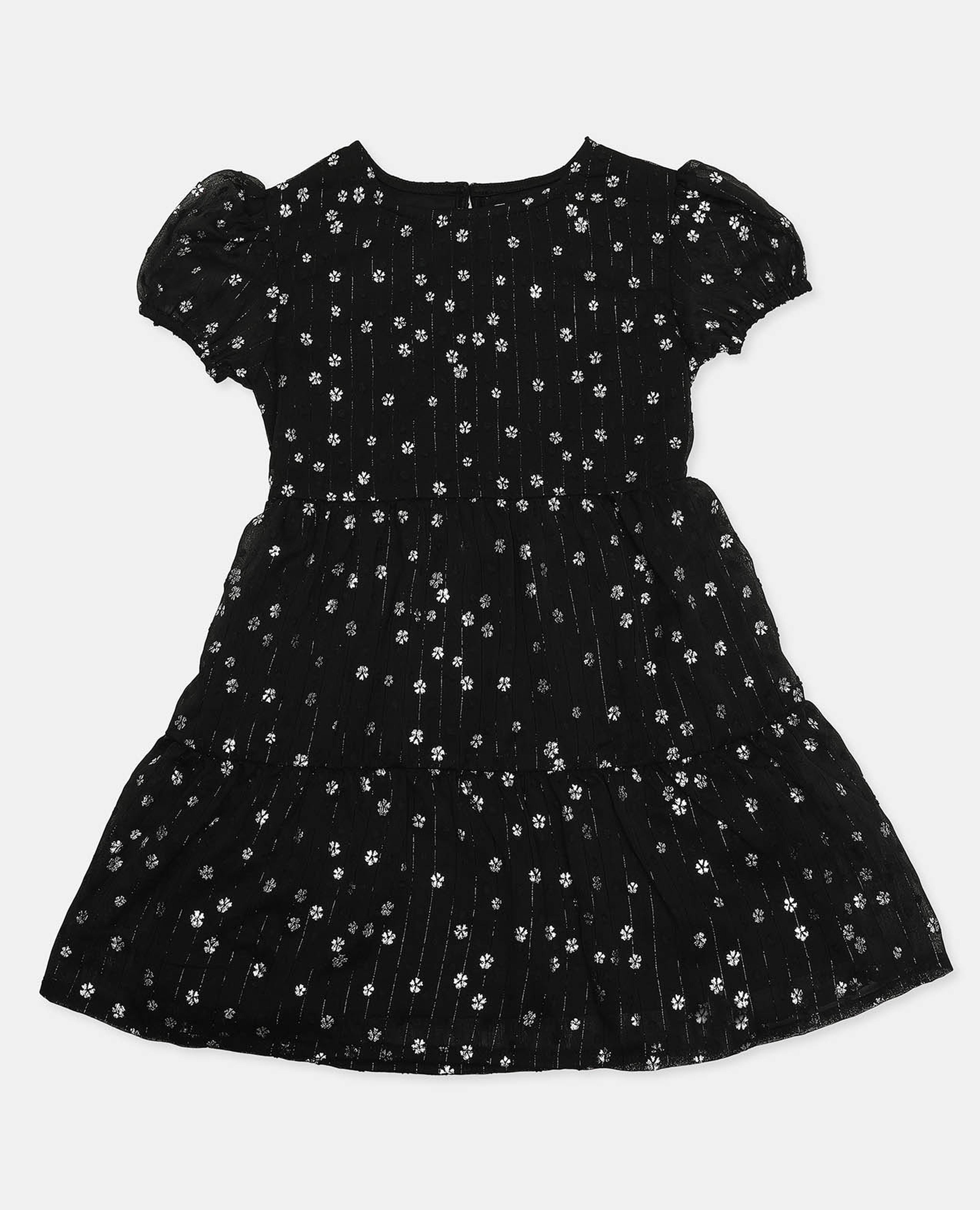 Floral Printed Tiered Dress with Round Neck and Cap Sleeves