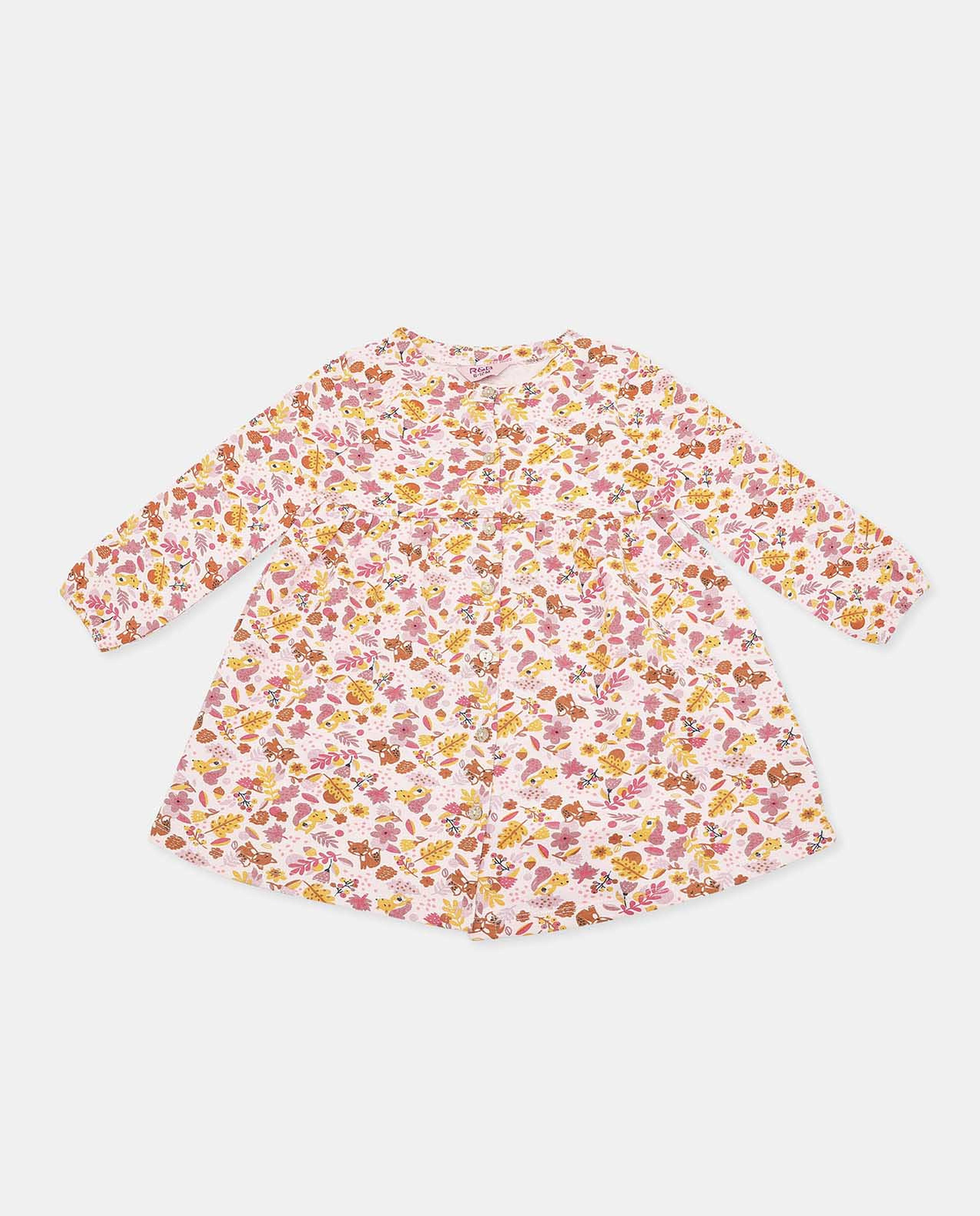 فستان فلير بياقة مستديرة وأكمام طويلة وبطبعة الزهور