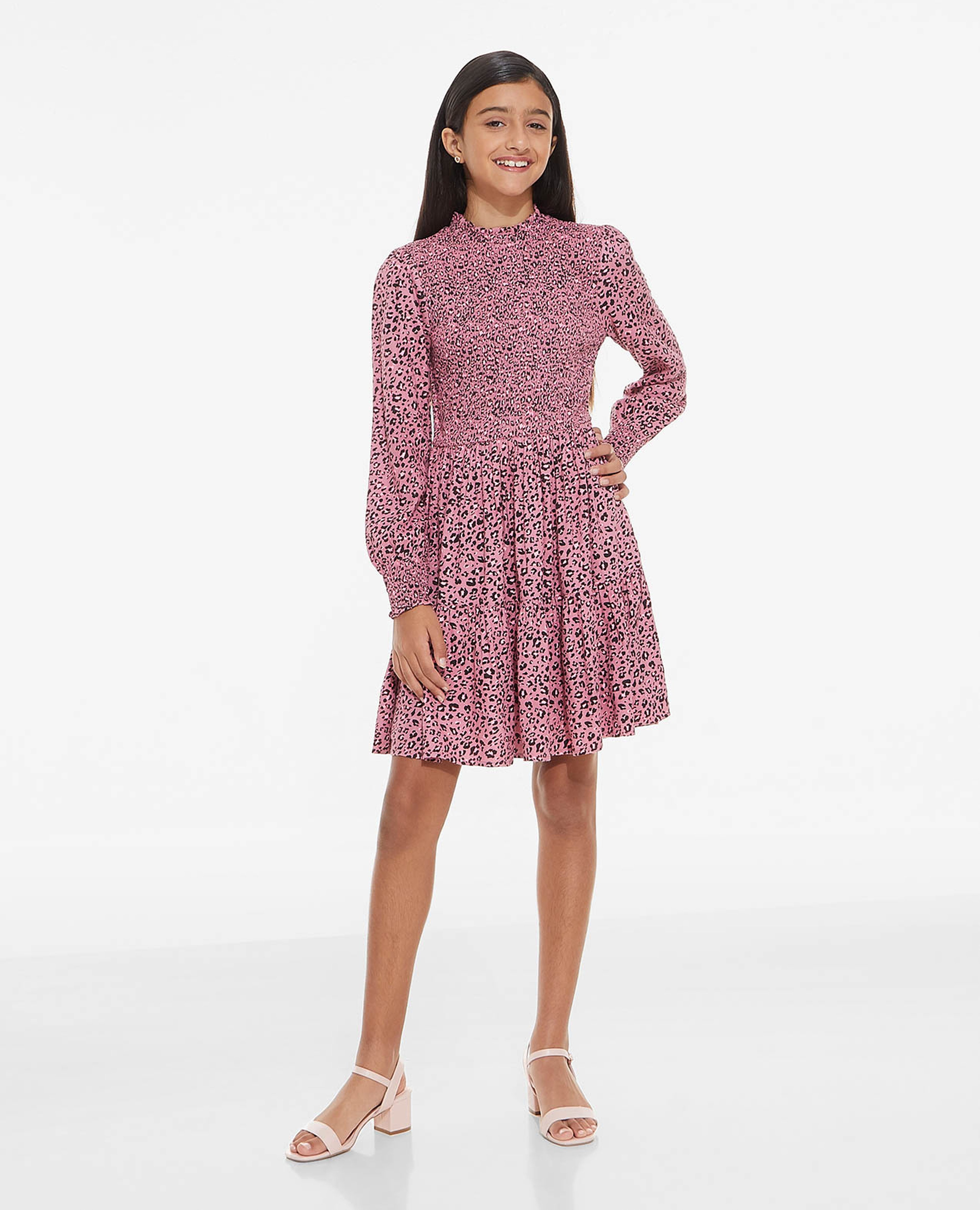 Animal Printed Smocked Dress with High Neck