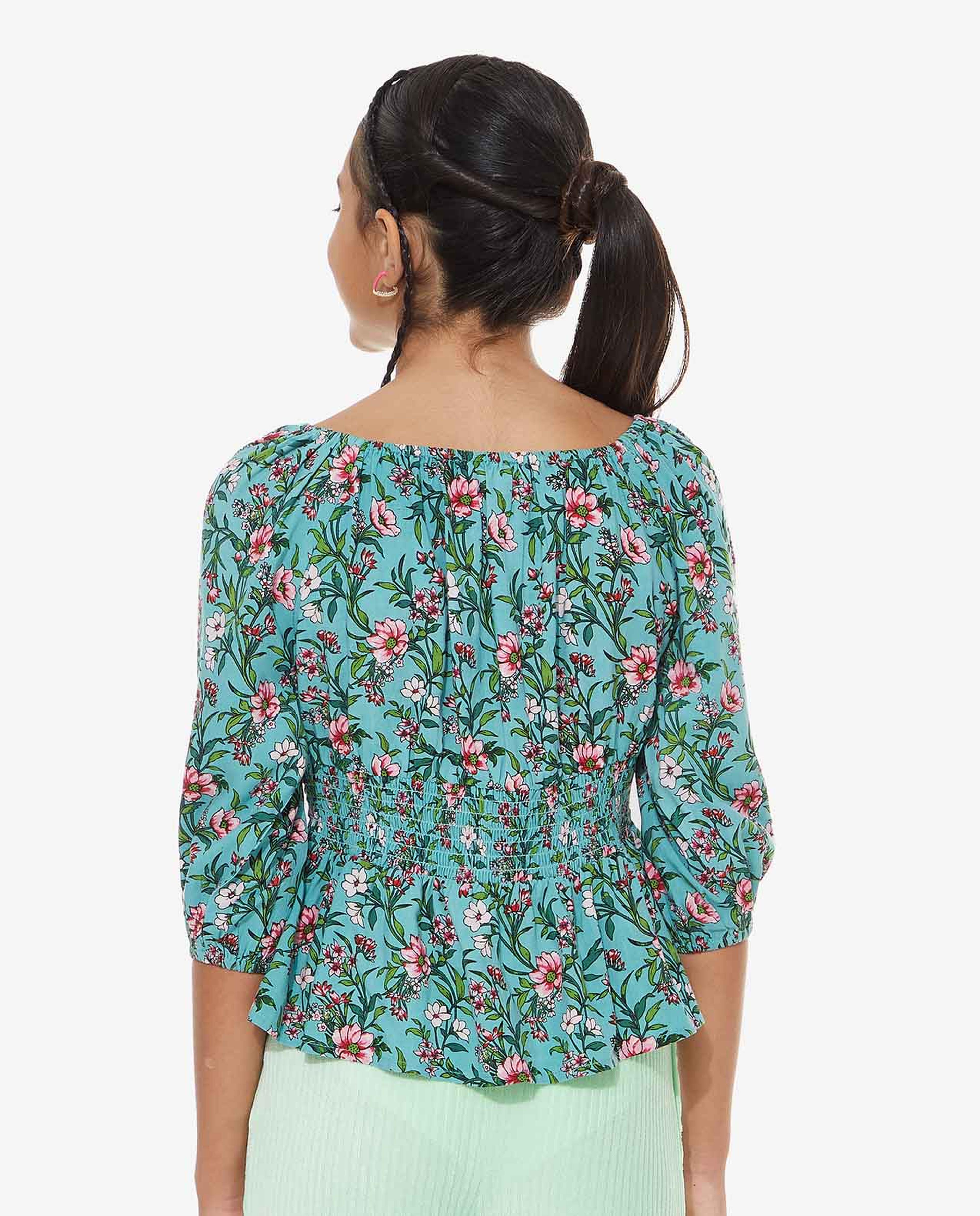 Floral Printed Top with Square Neck and Smocked Waist