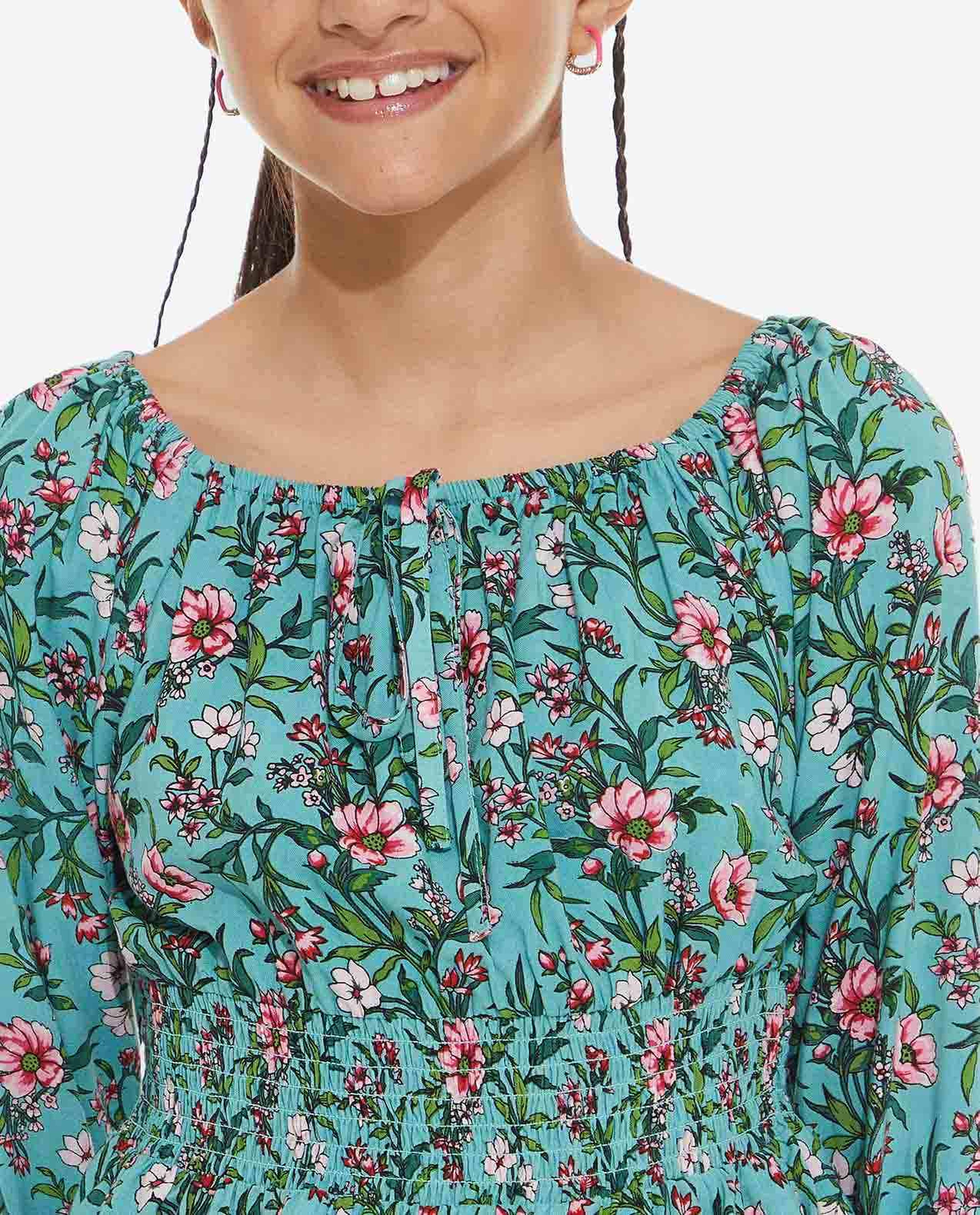 Floral Printed Top with Square Neck and Smocked Waist