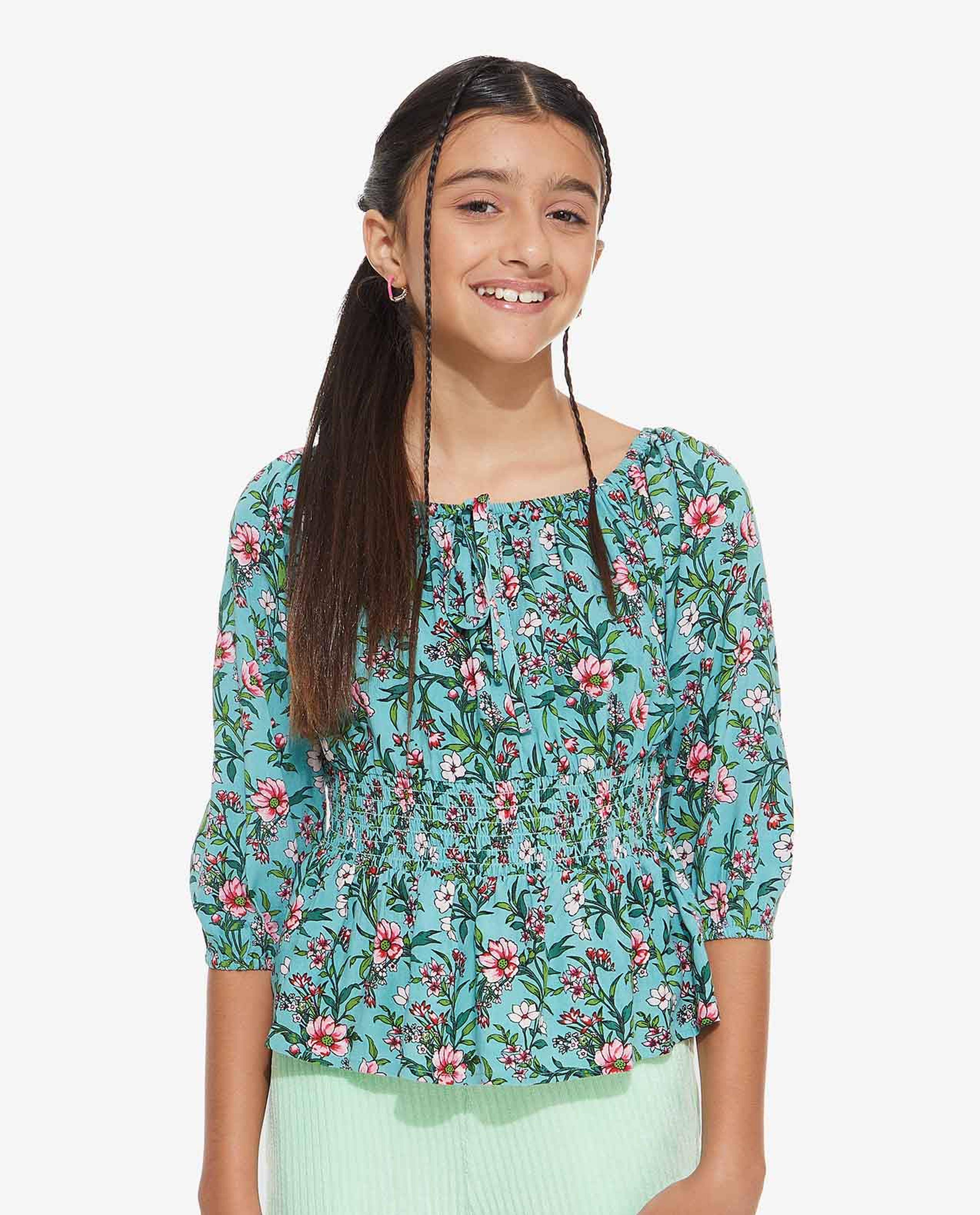 Floral Printed Top with Square Neck and Smocked Waist