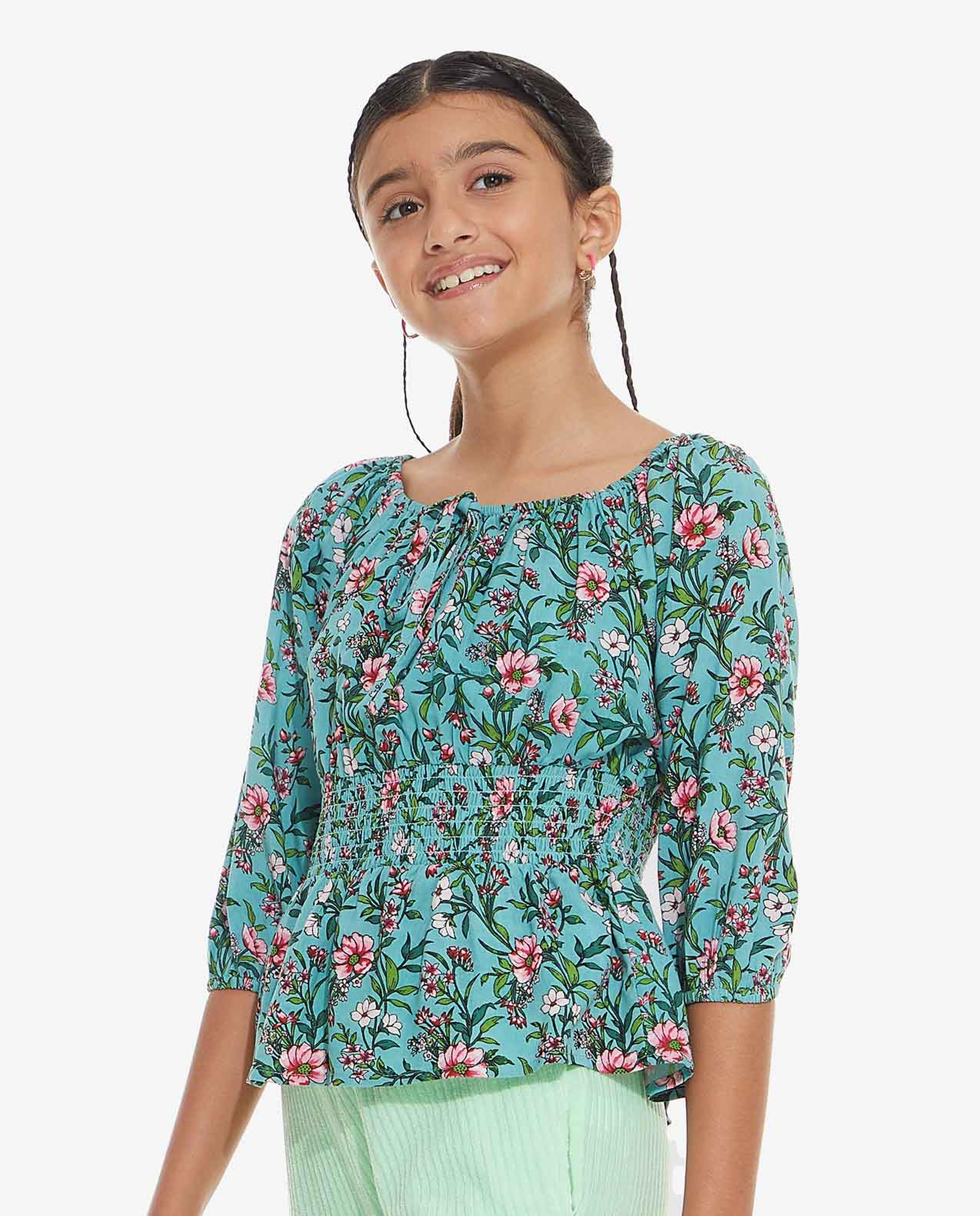 Floral Printed Top with Square Neck and Smocked Waist