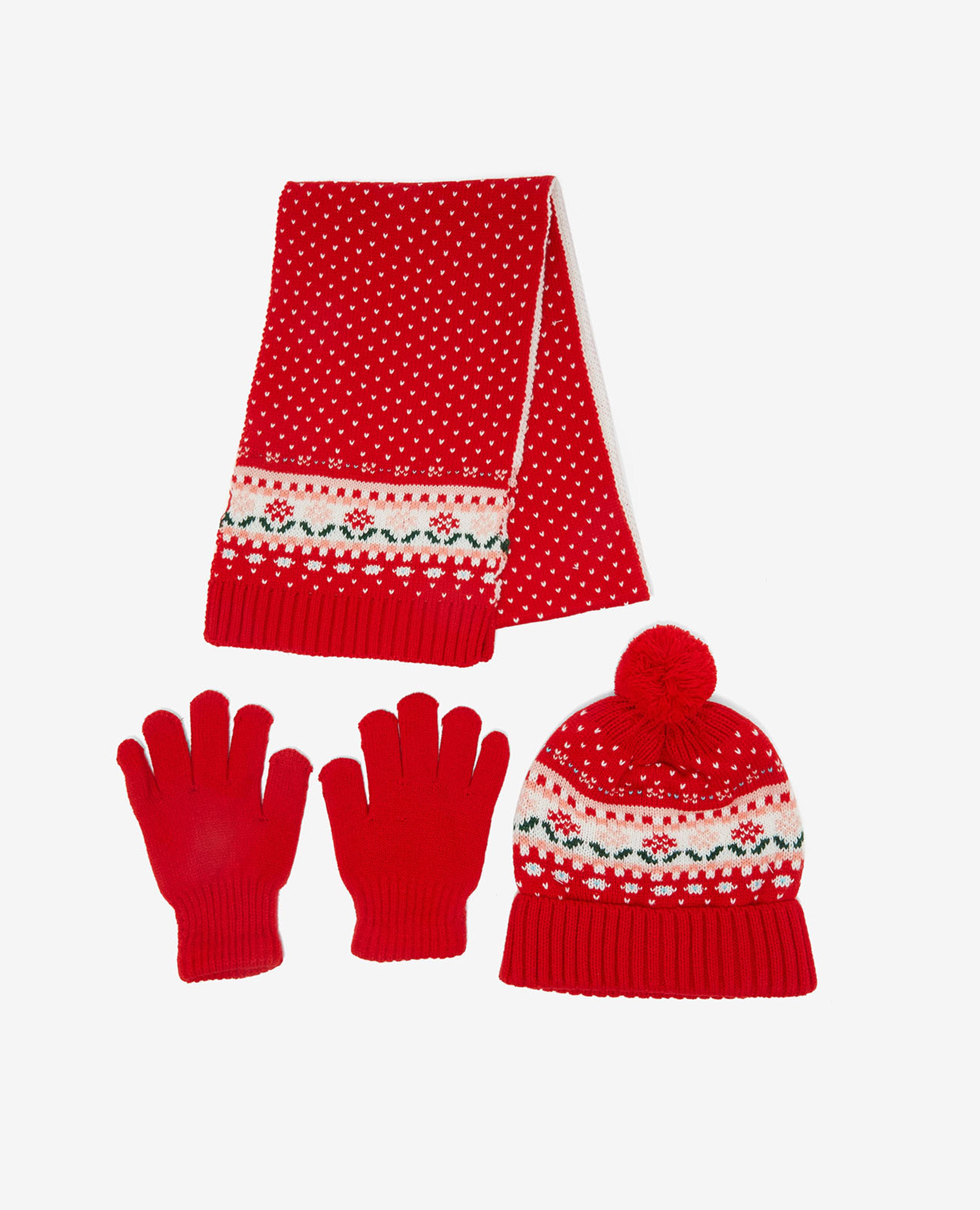 Patterned Set of Scarf, Cap and Gloves Set