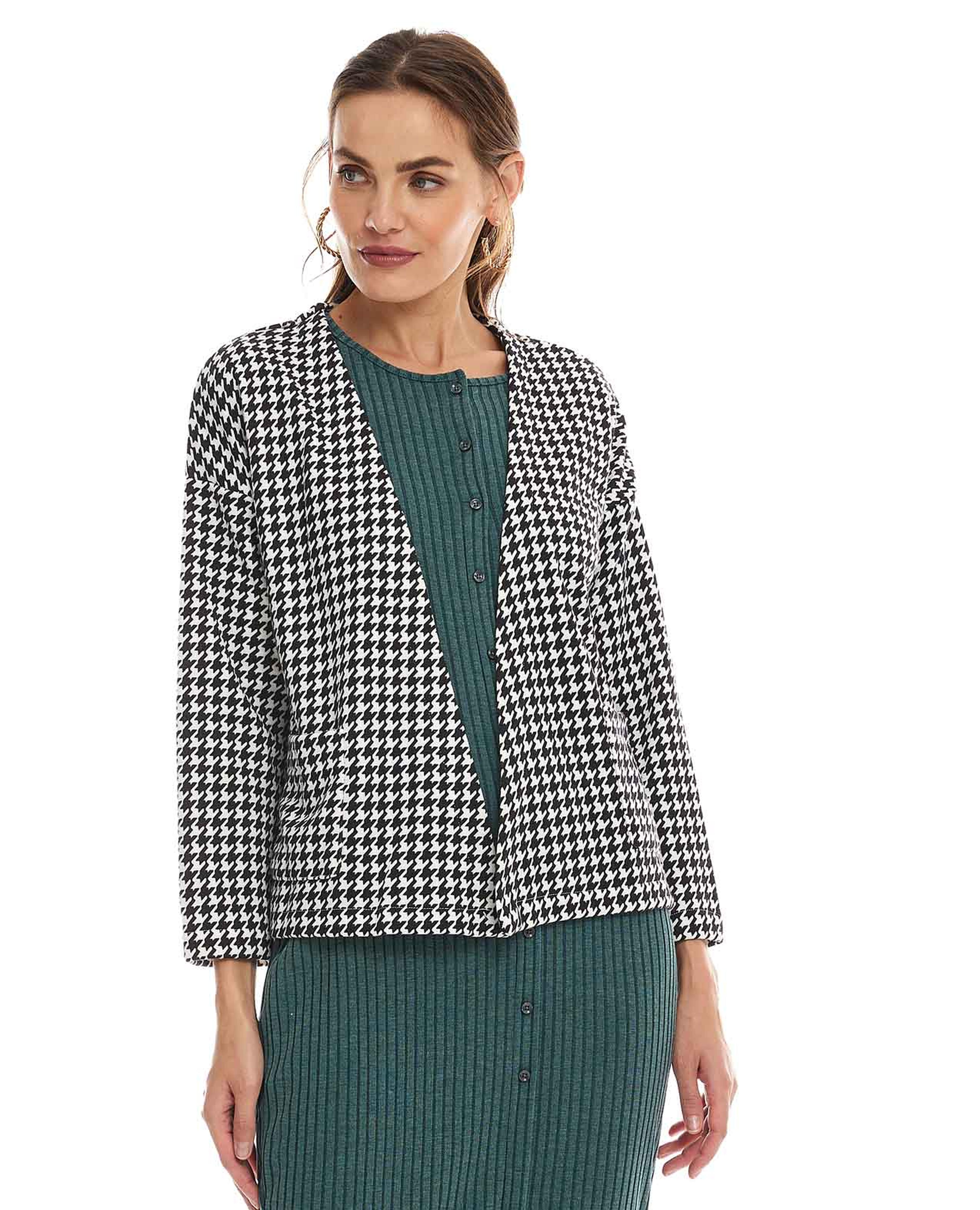Houndstooth Pattern Jacket with Long Sleeves