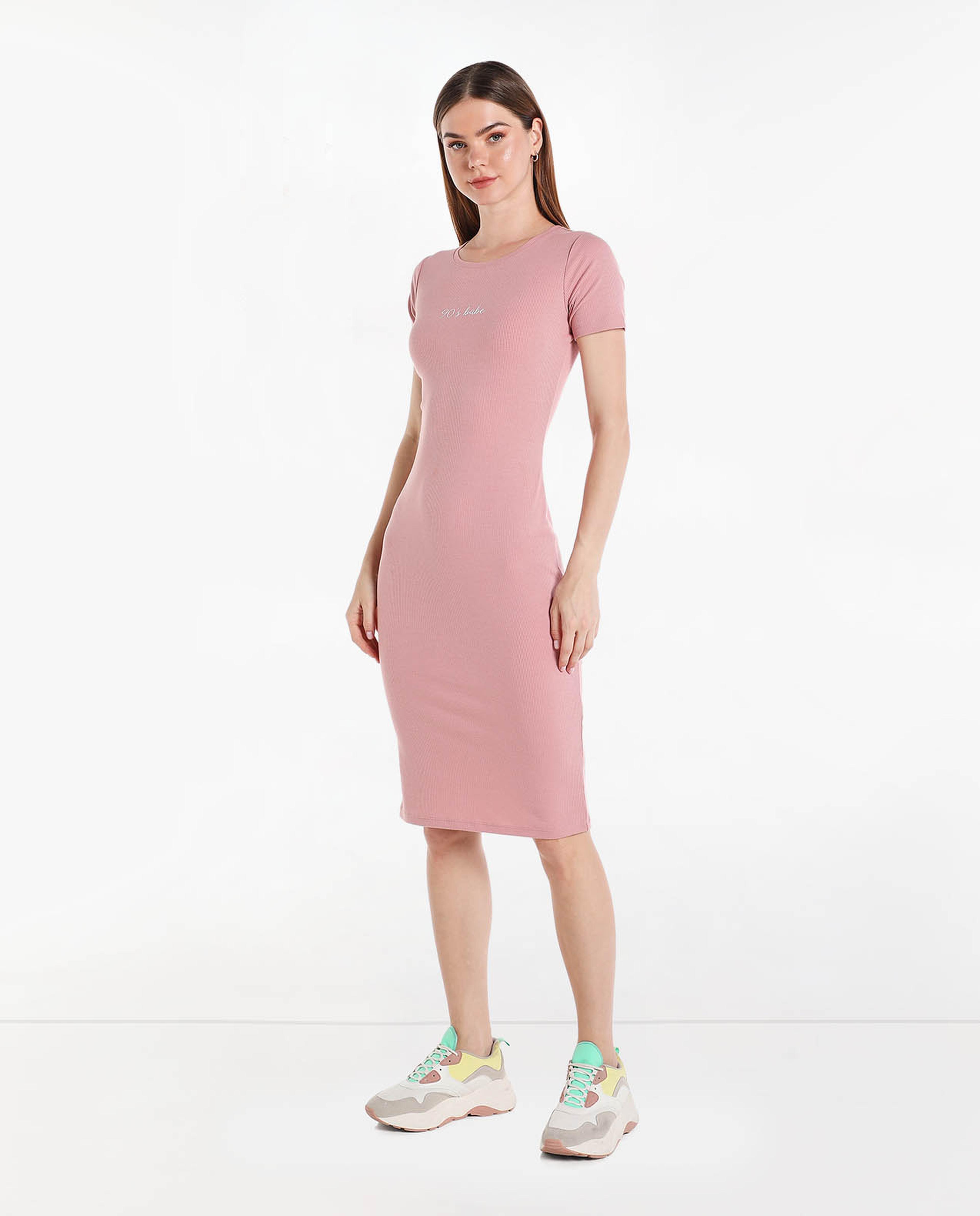 Printed Midi Dress with Round Neck and Short Sleeves