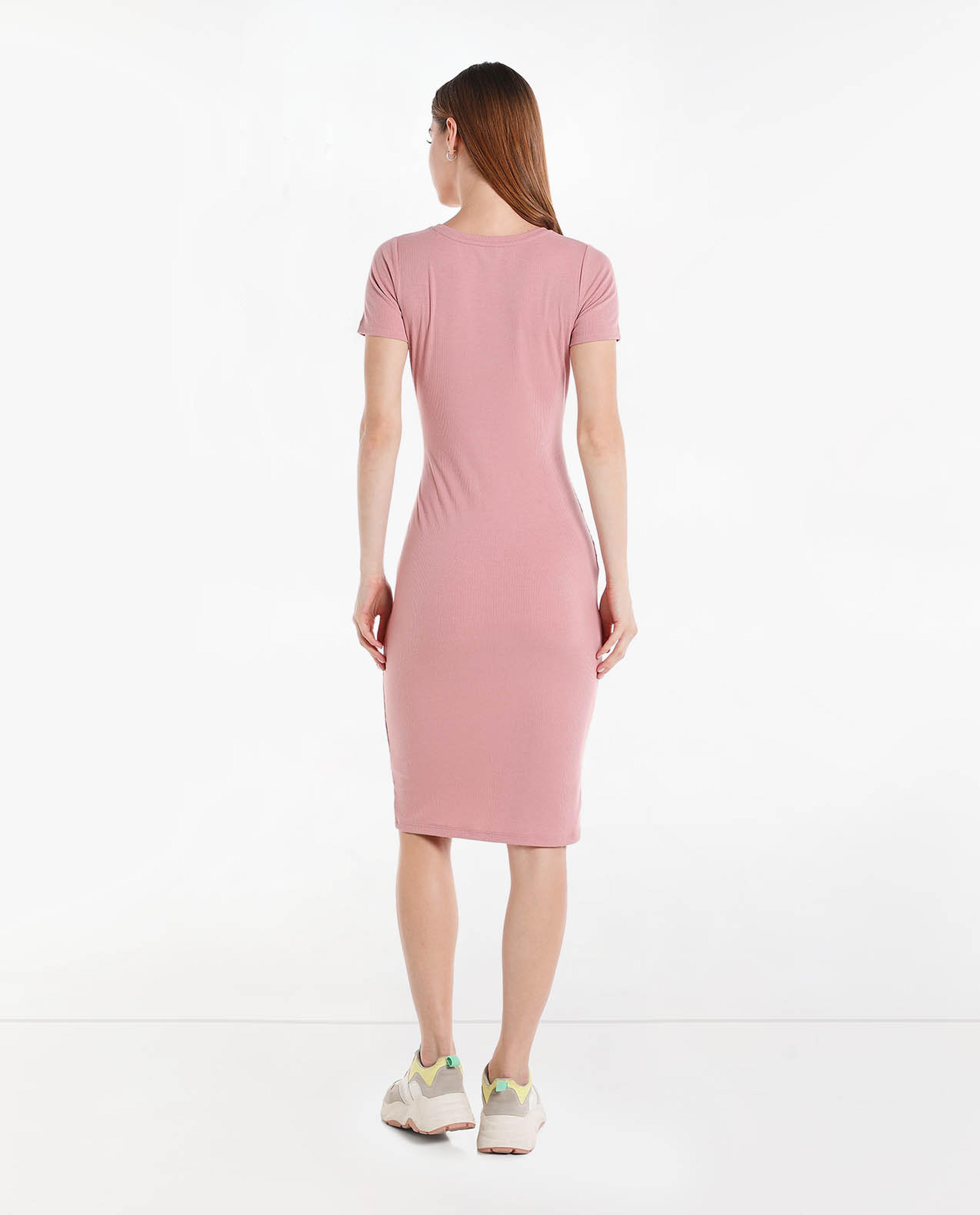 Printed Midi Dress with Round Neck and Short Sleeves