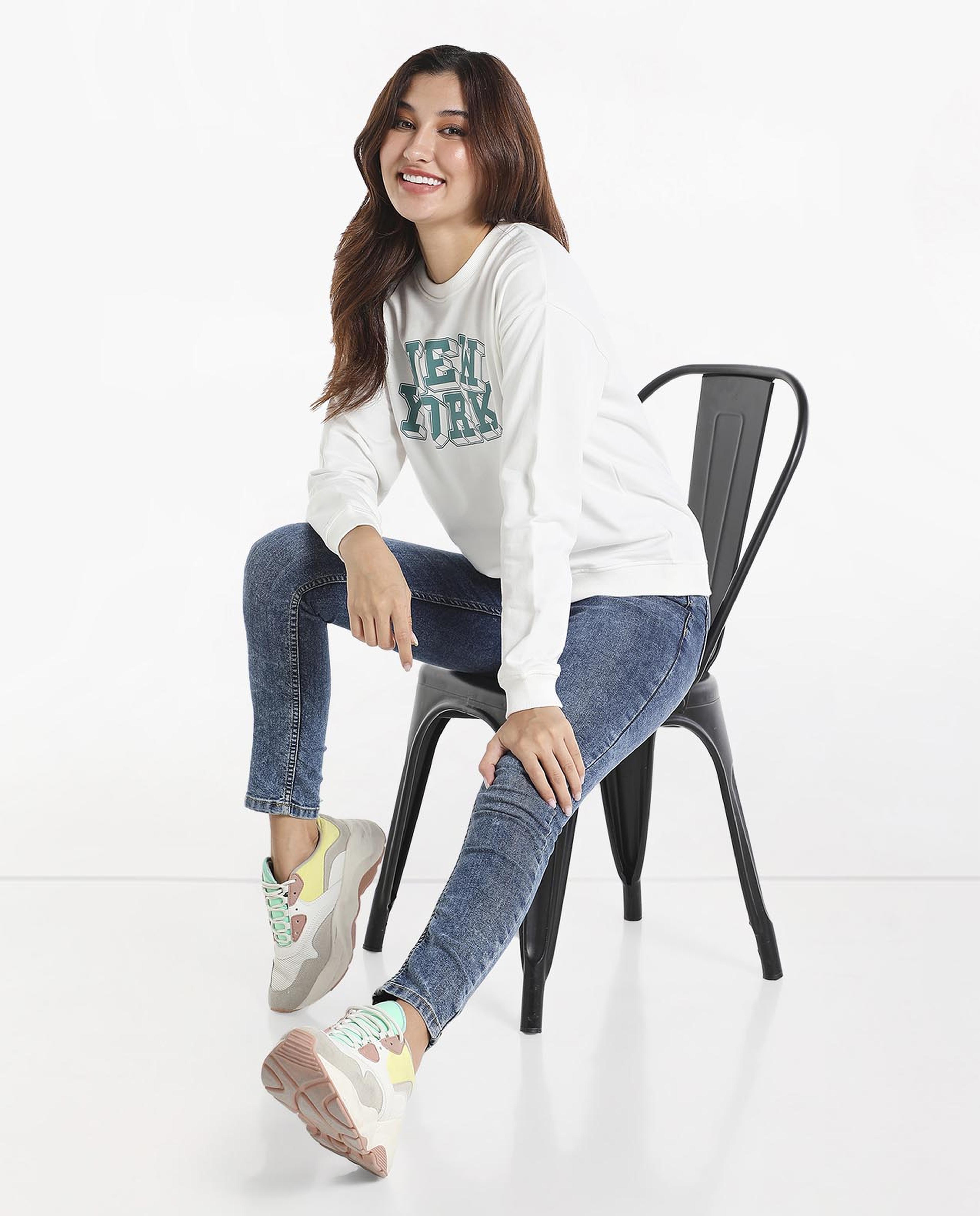 Typography Printed Sweatshirt with Round Neck and Long Sleeves