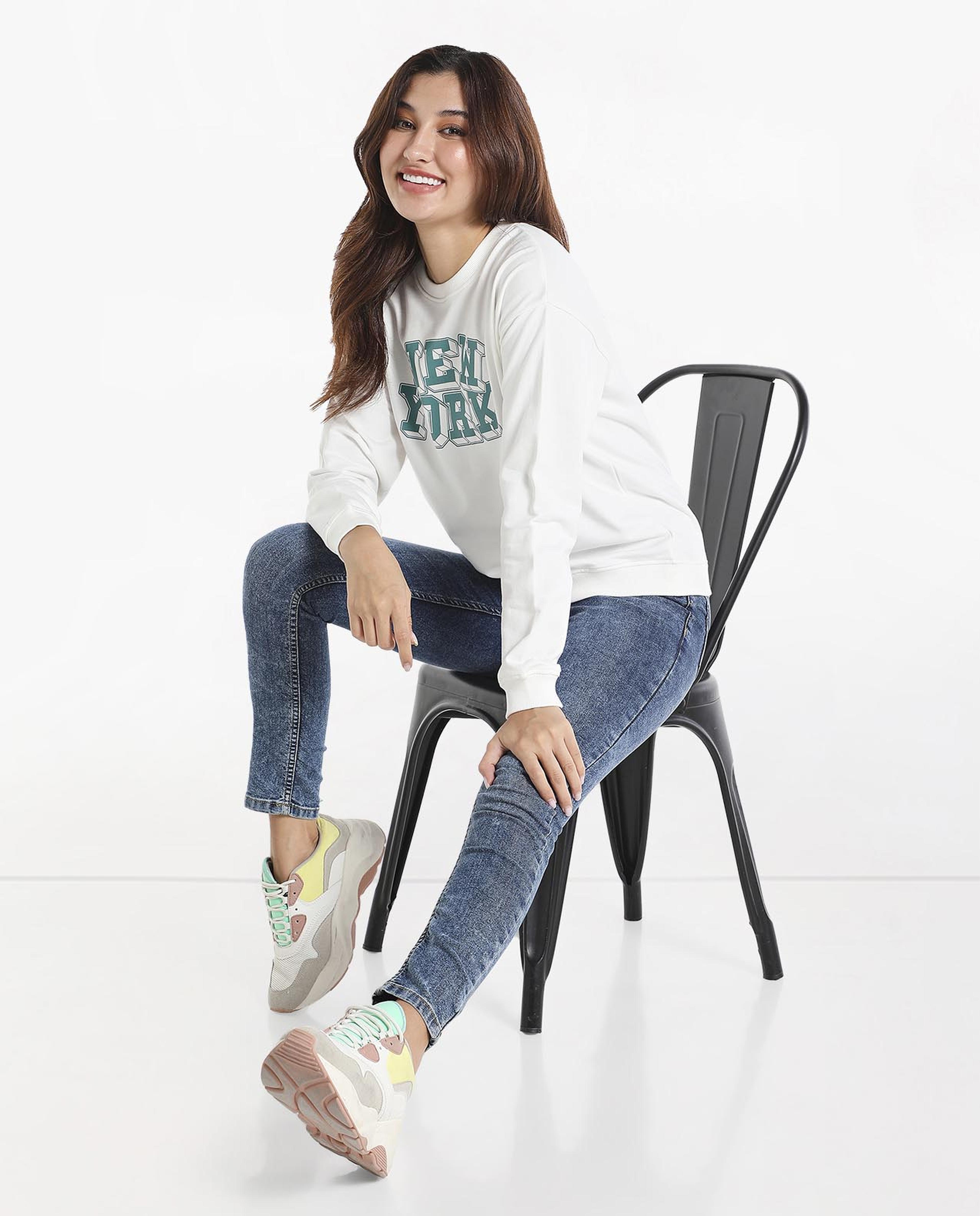 Typography Printed Sweatshirt with Round Neck and Long Sleeves