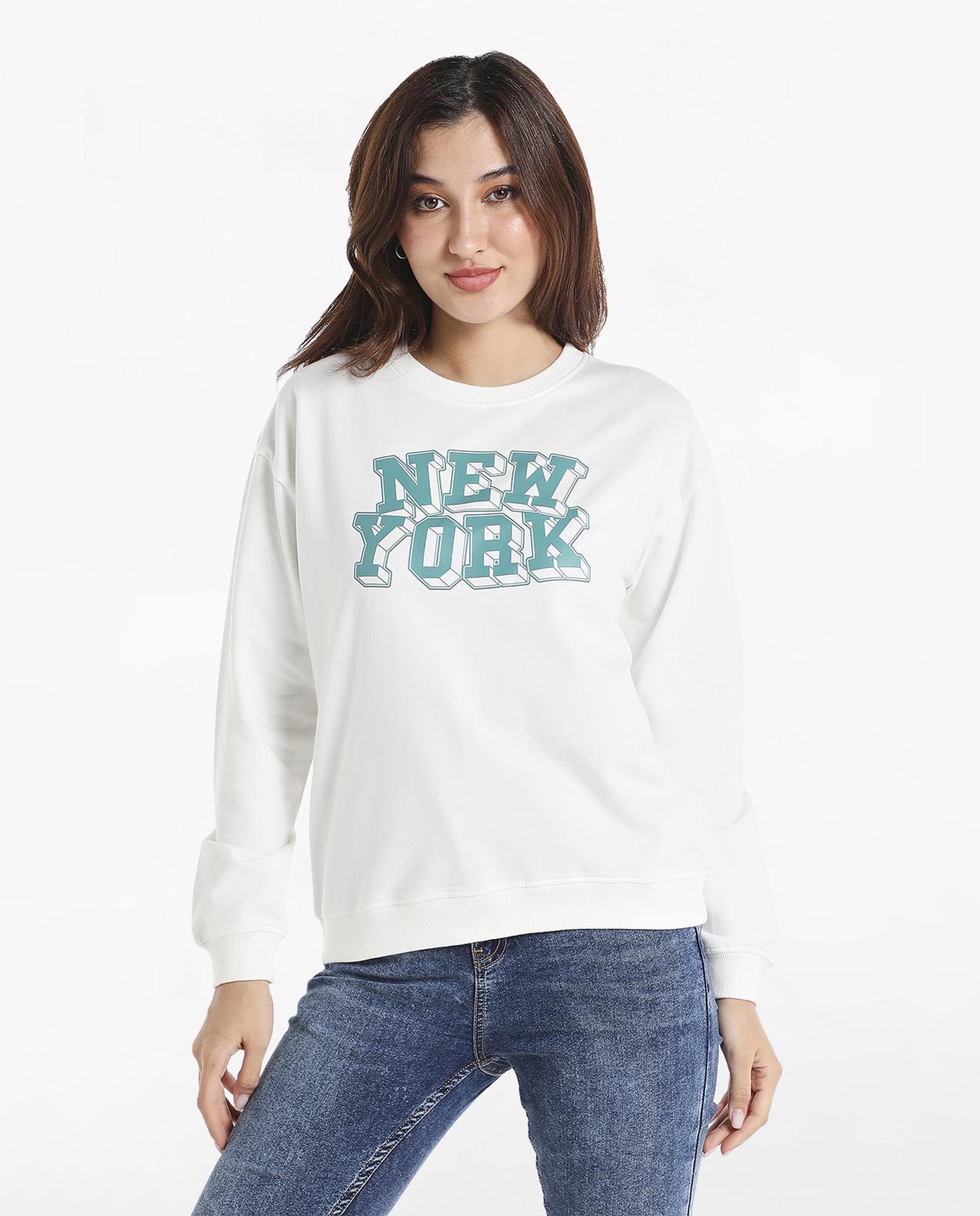 Typography Printed Sweatshirt with Round Neck and Long Sleeves