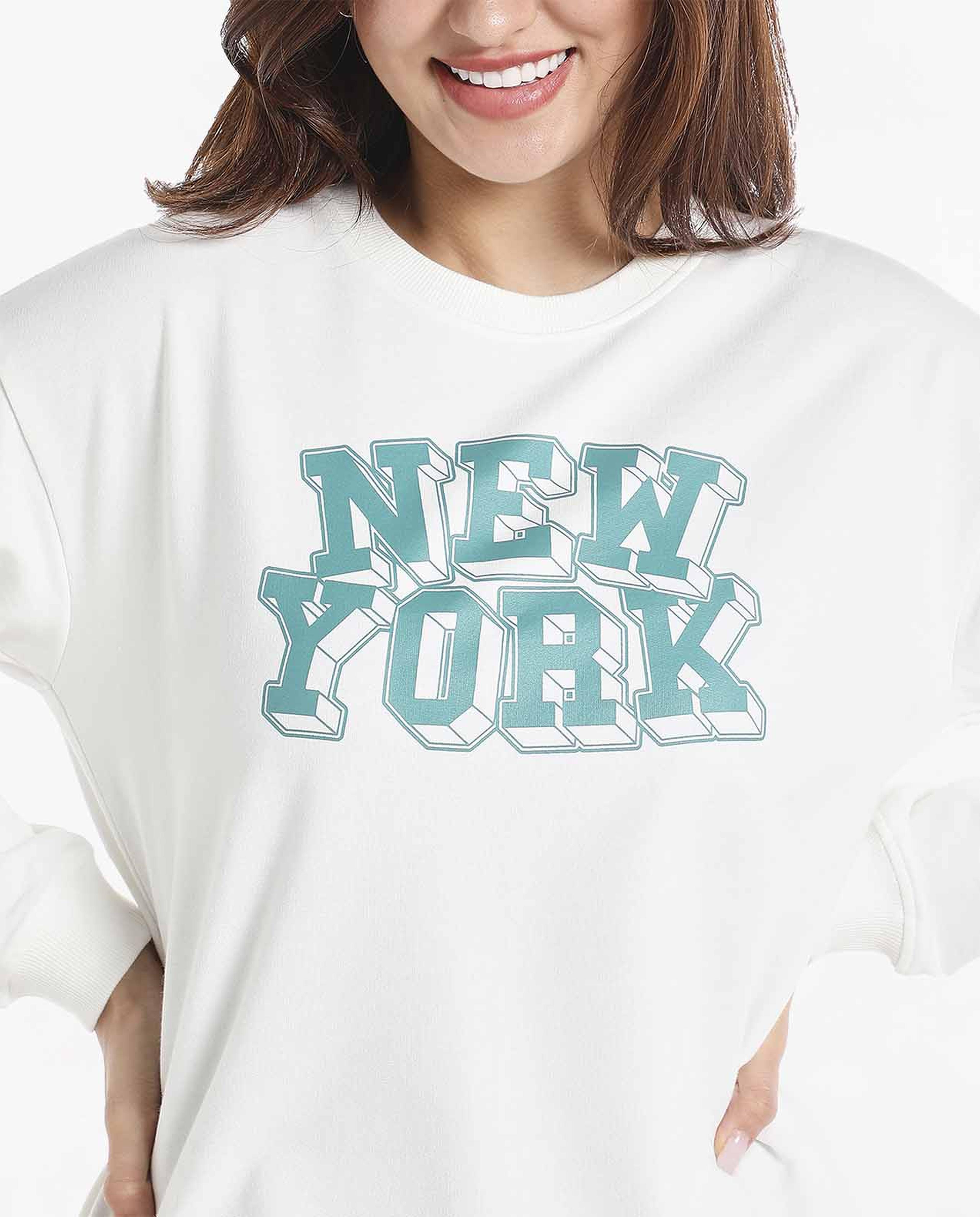 Typography Printed Sweatshirt with Round Neck and Long Sleeves