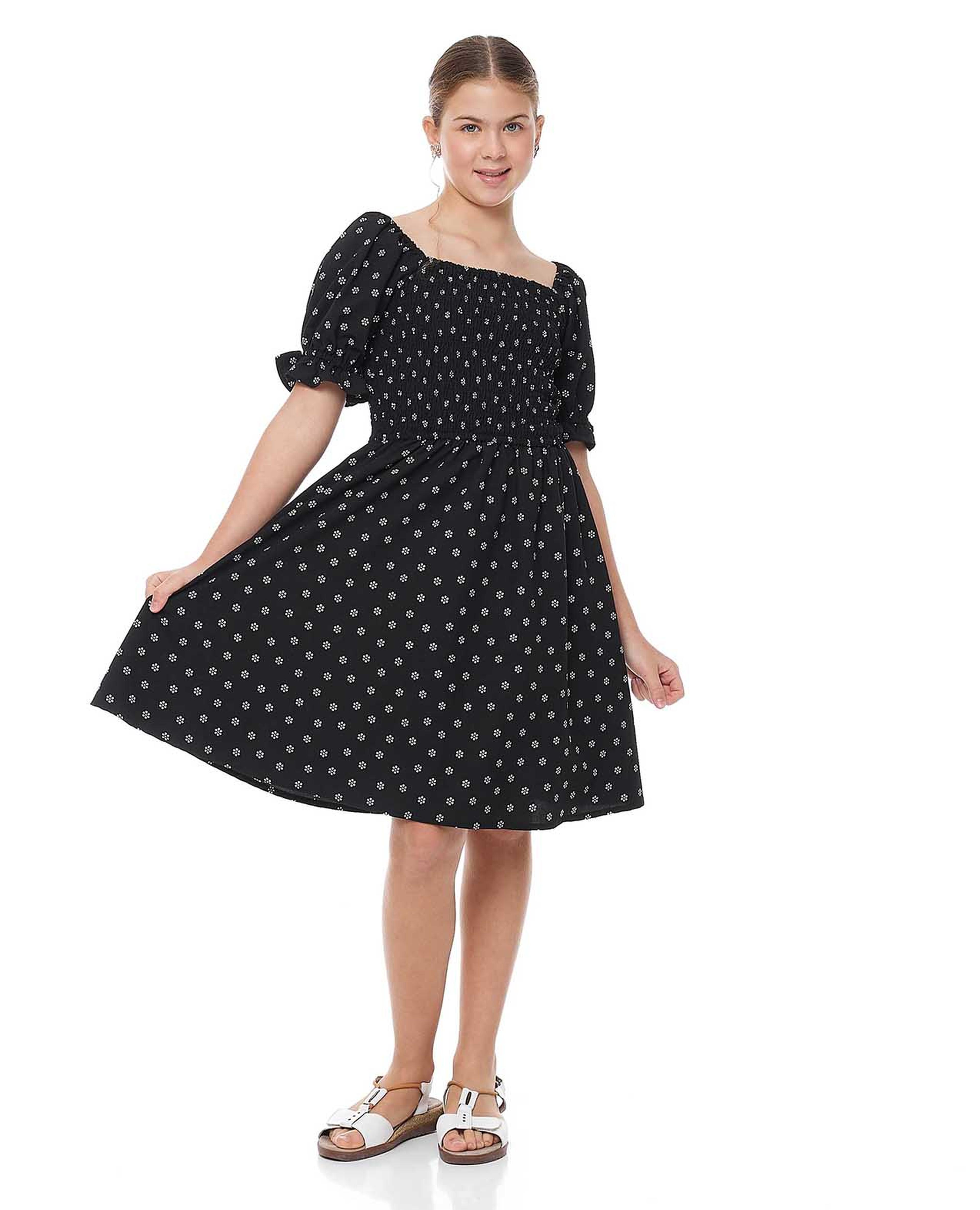Printed Flared Dress with Square Neck and Puff Sleeves