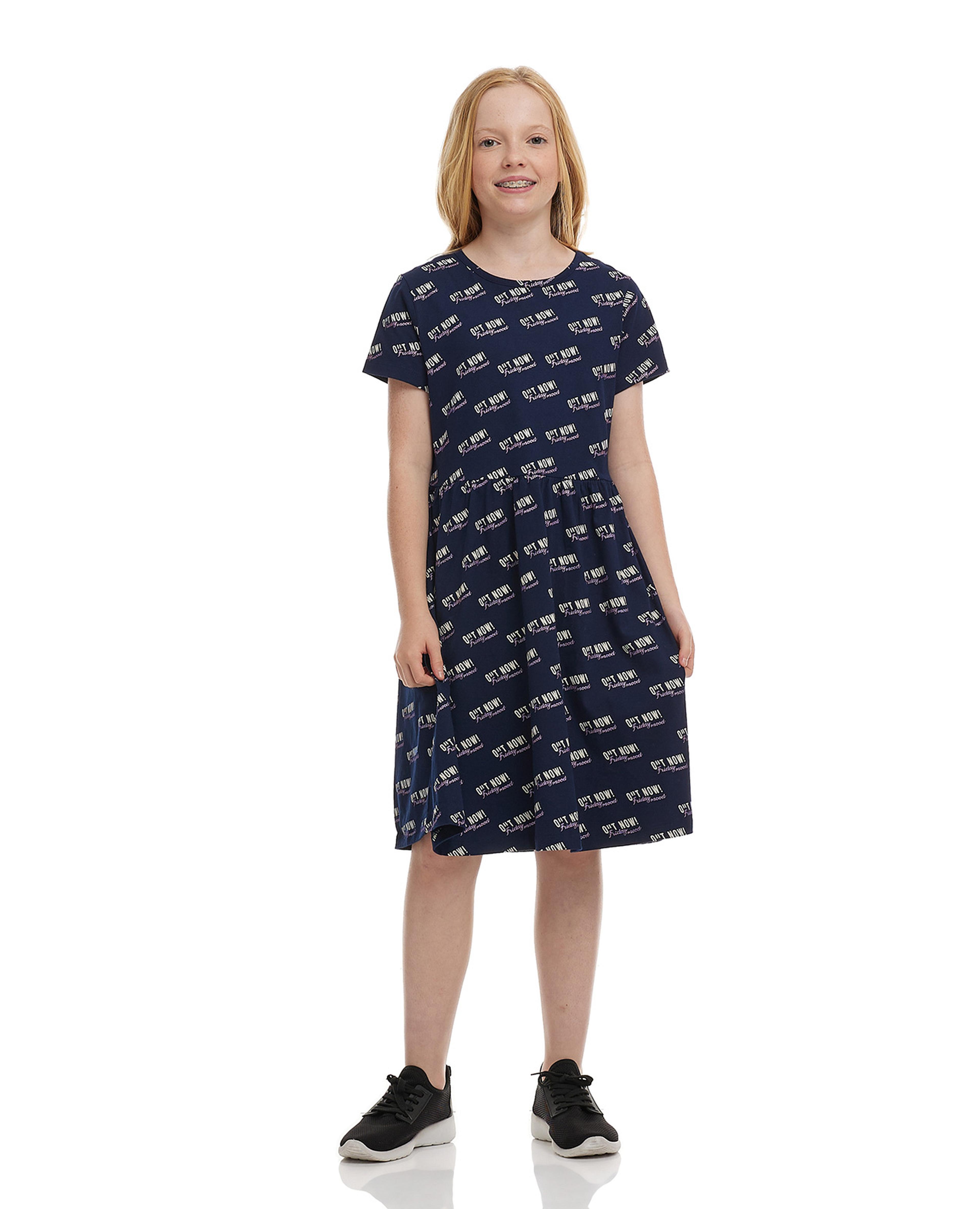 All Over Print Flared Dress with Short Sleeves