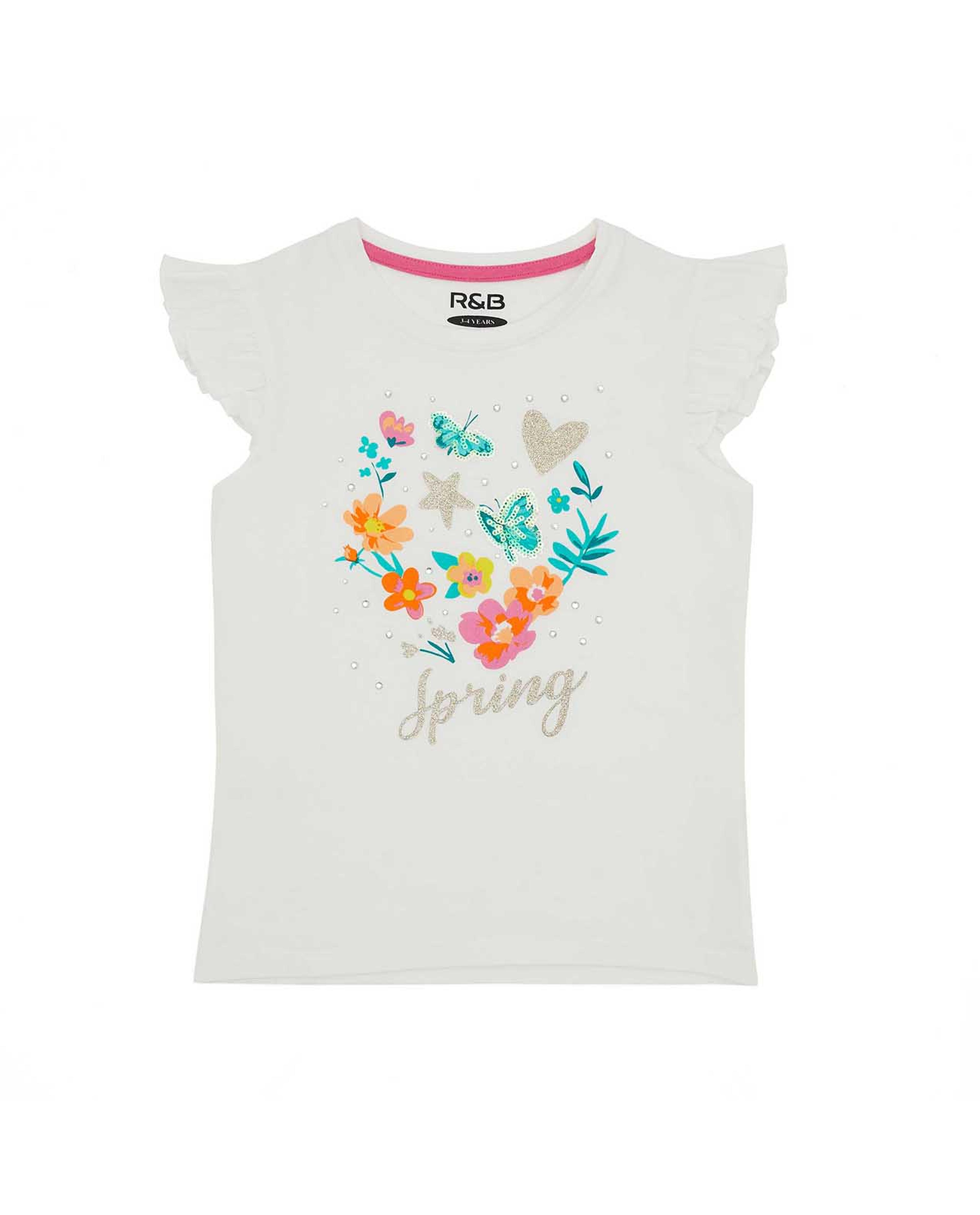 تيشيرت برقبة دائرية وأكمام مكشكشة بطبعة