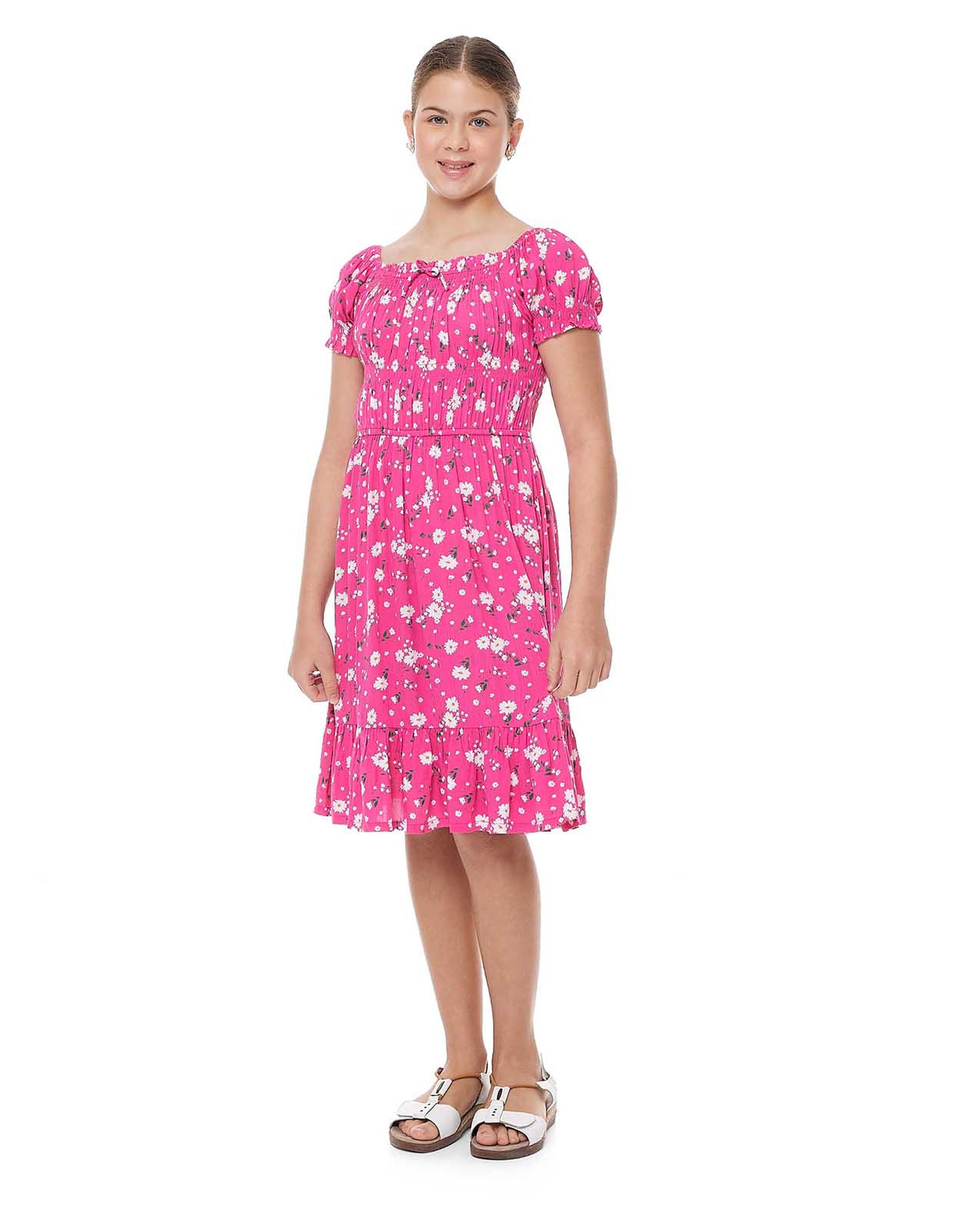 All Over Print Flared Dress with Puff Sleeves