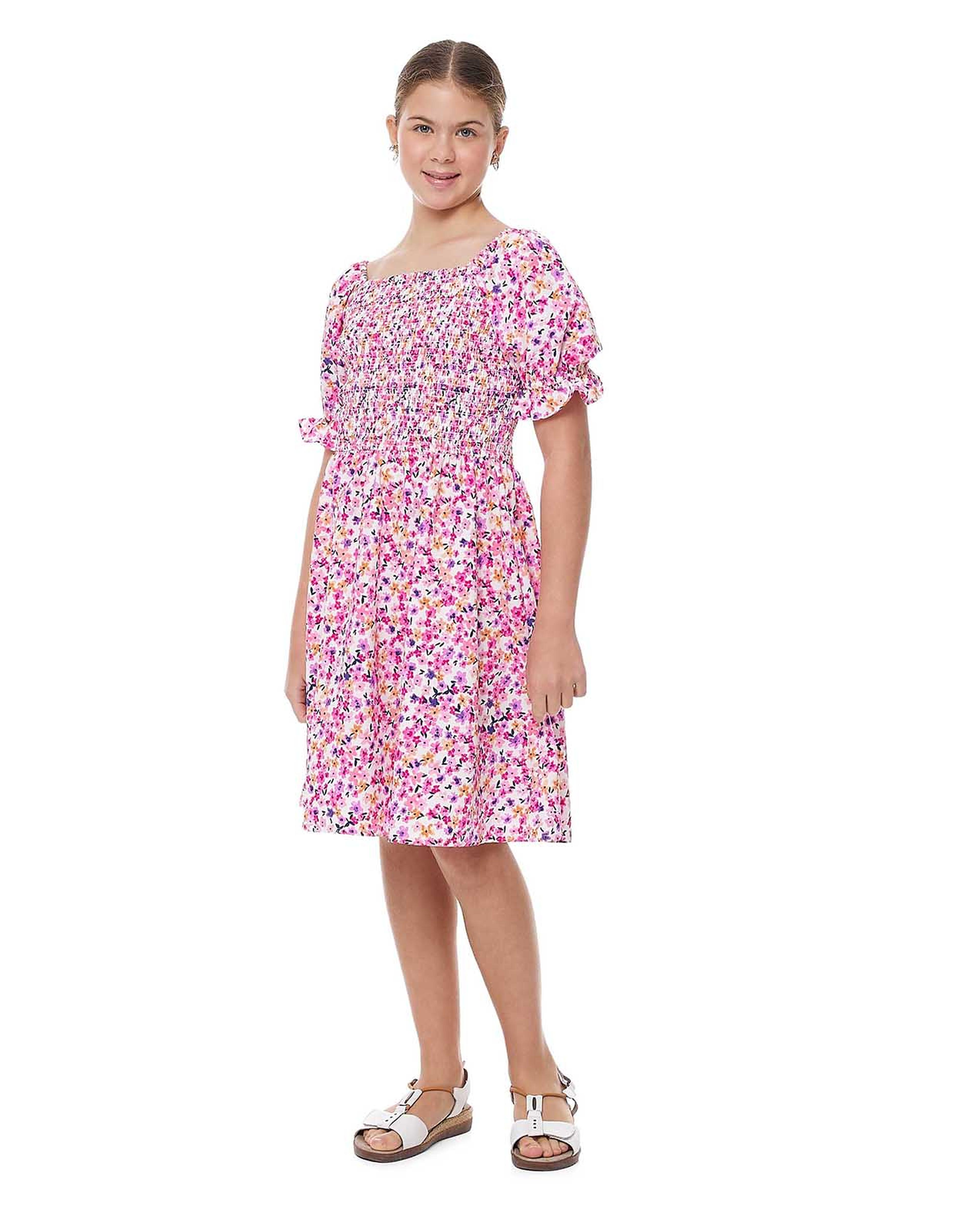 Printed Smocking Dress with Square Neck and Puff Sleeves