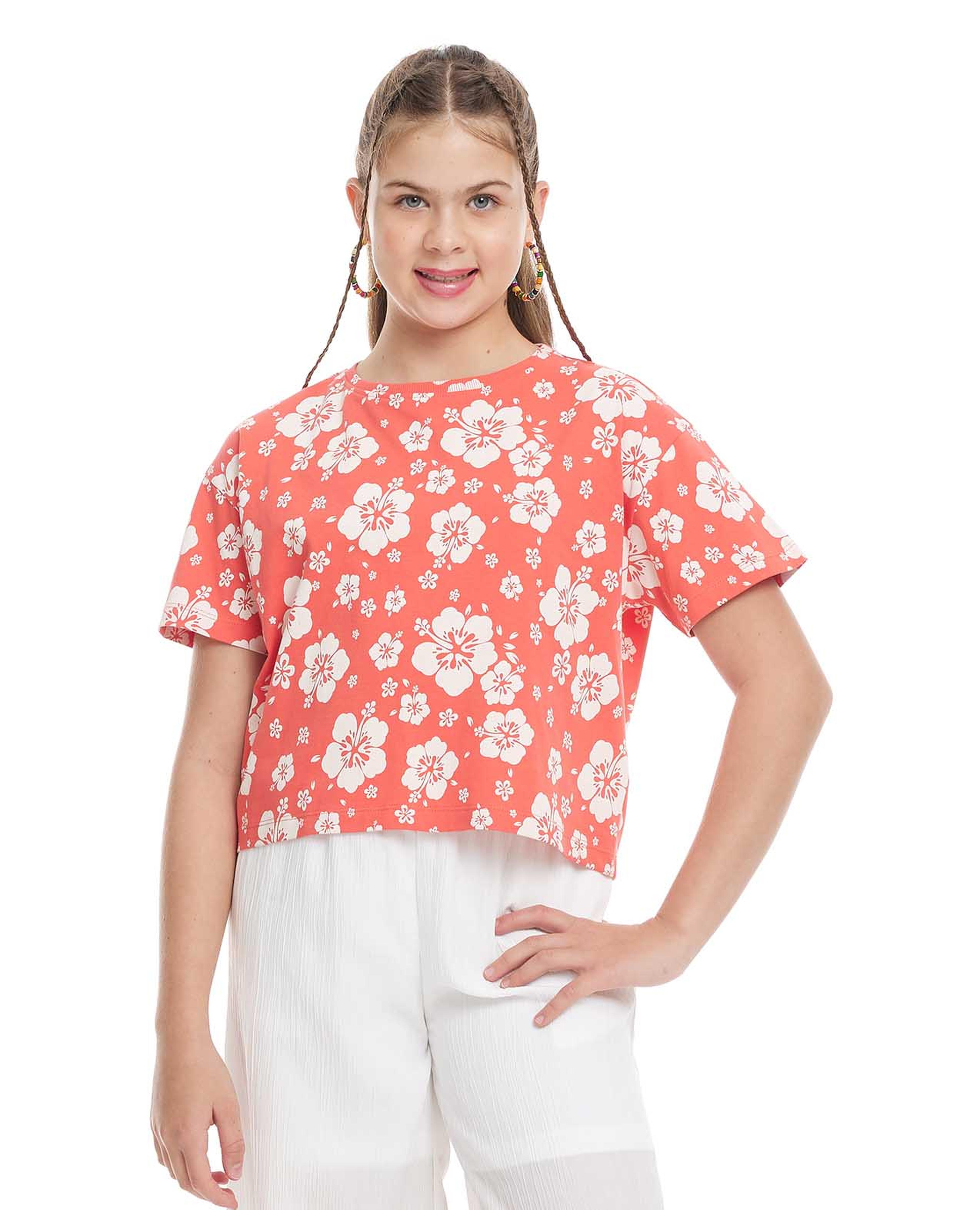 Floral Printed T-Shirt with Crew Neck and Short Sleeves