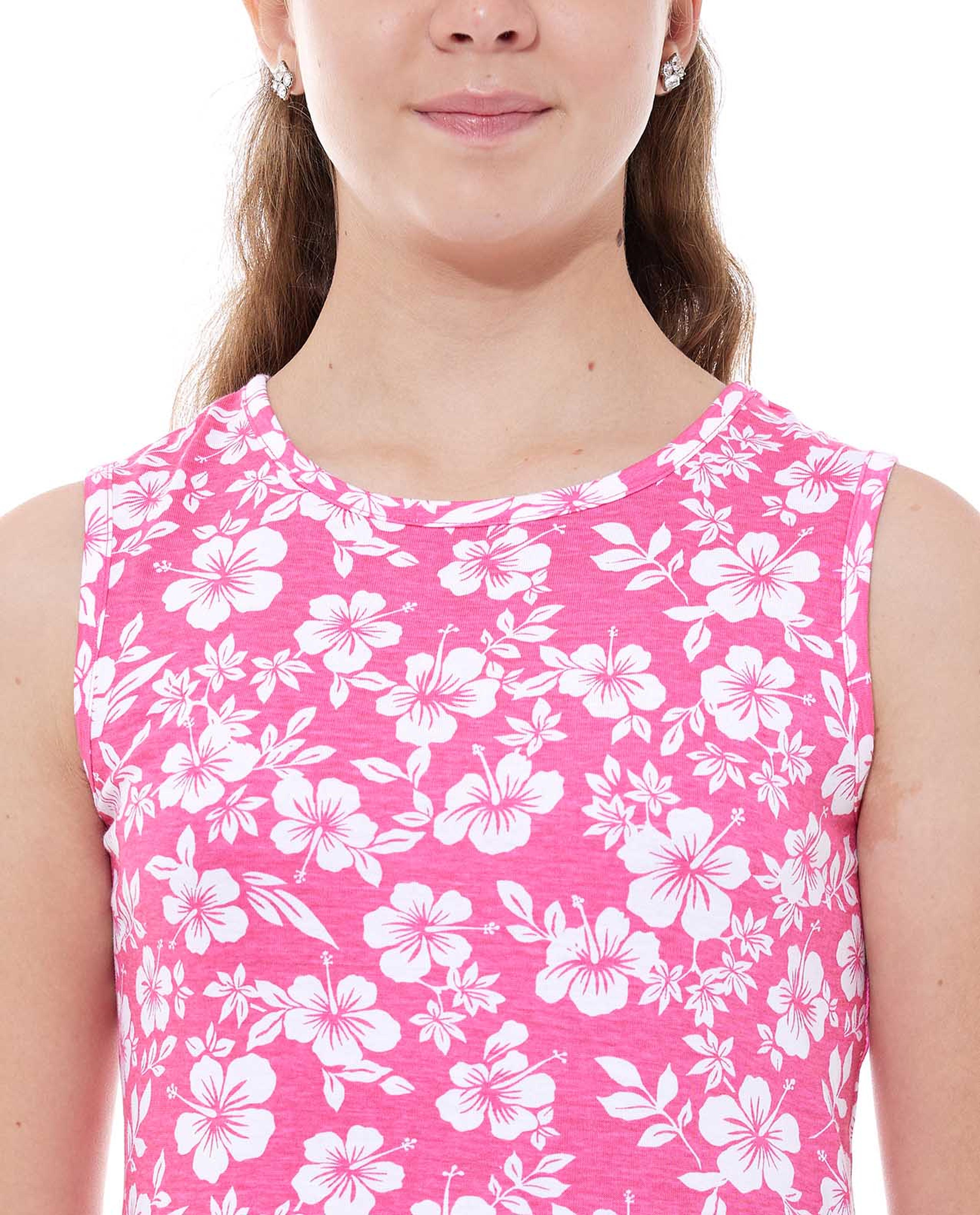 Floral Print Sleeveless Knitted Dress with Round Neck