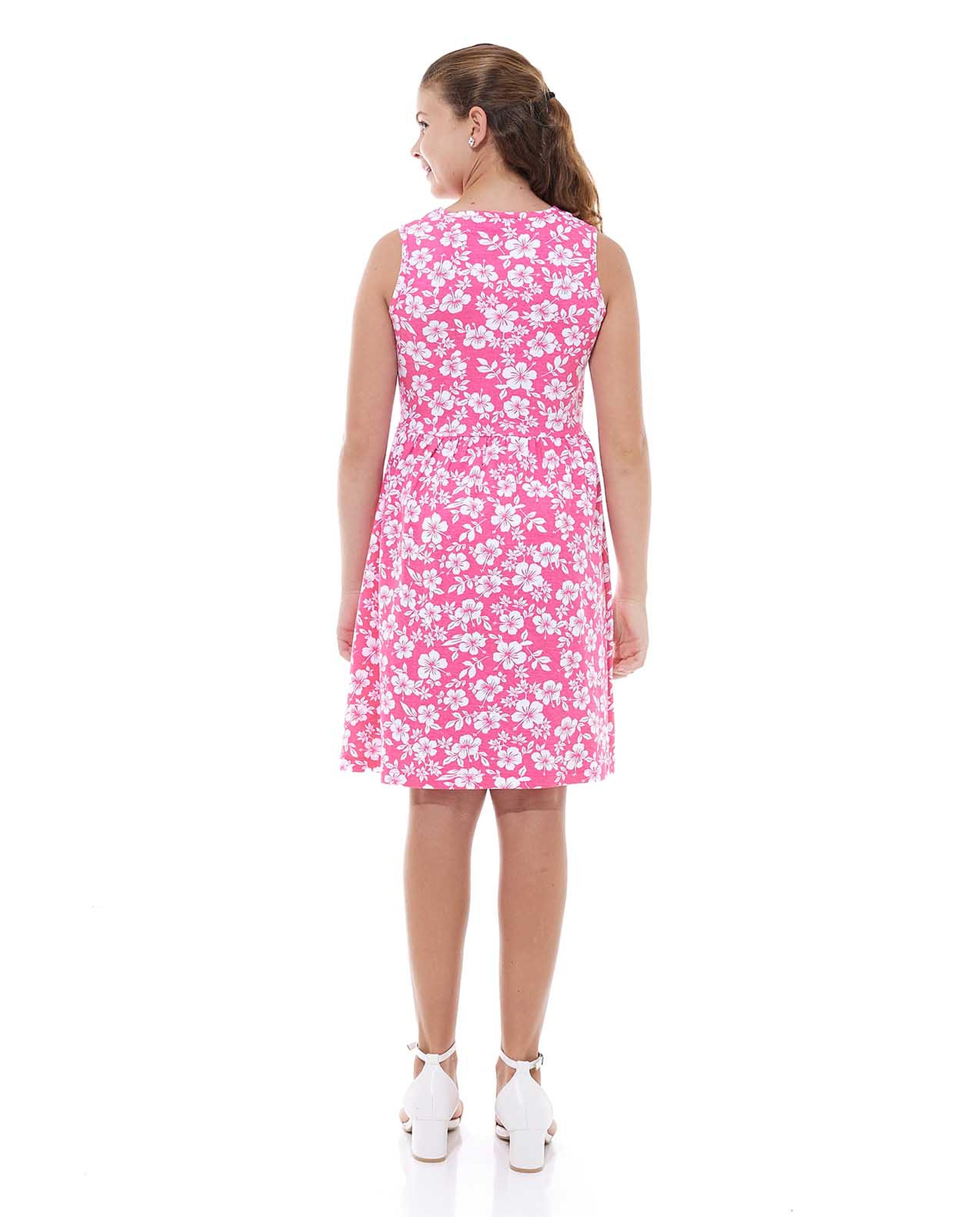 Floral Print Sleeveless Knitted Dress with Round Neck