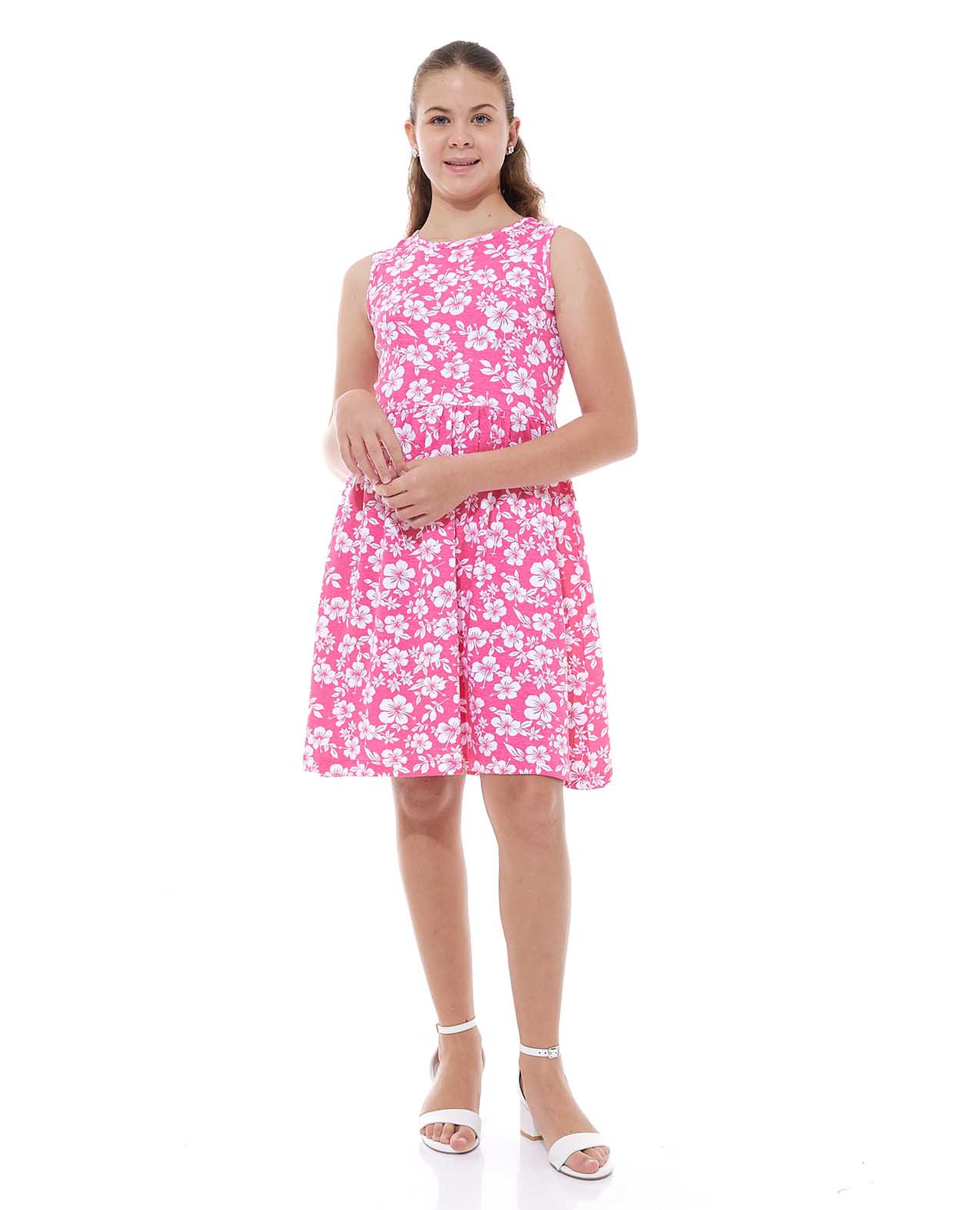 Floral Print Sleeveless Knitted Dress with Round Neck