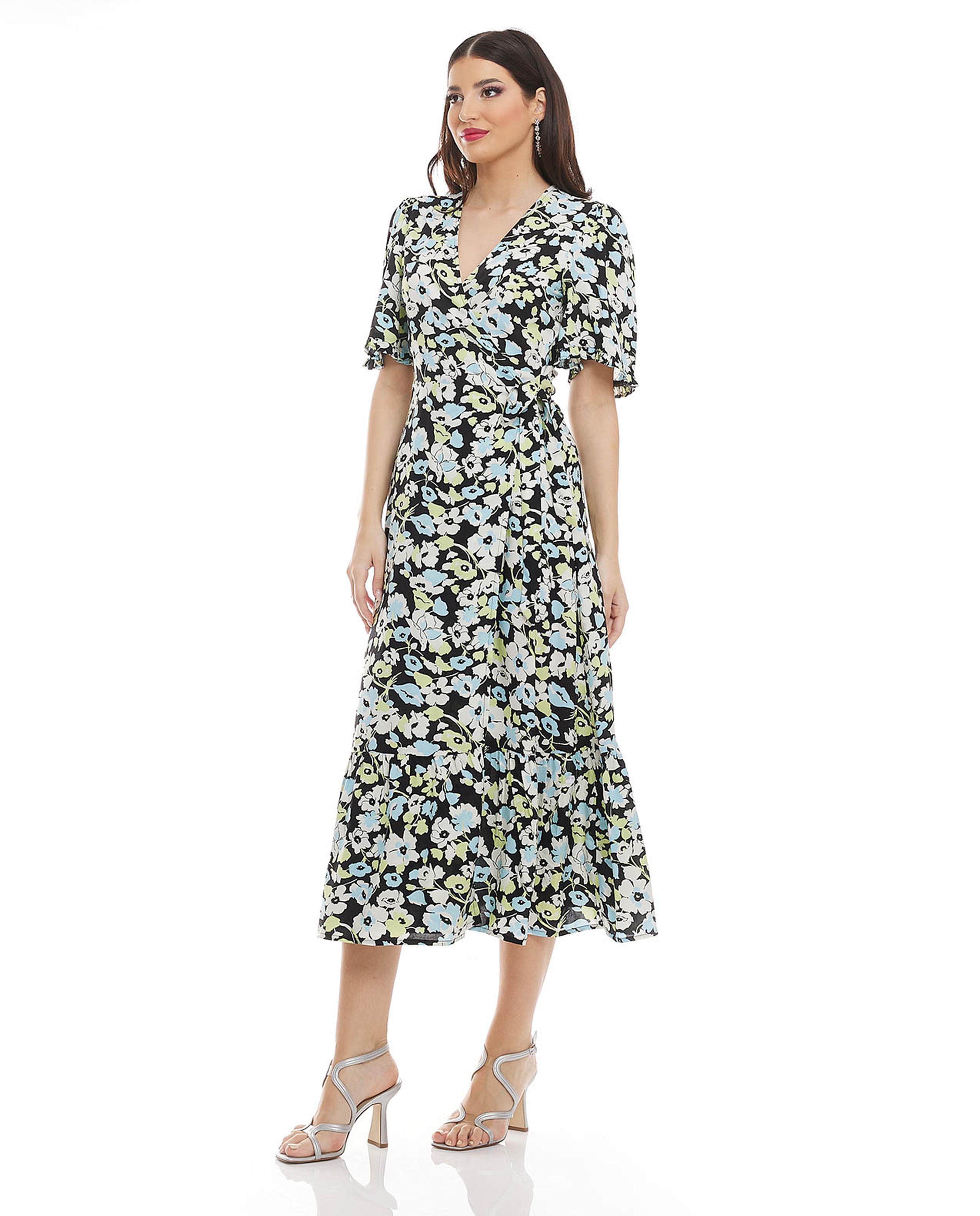 Printed Midi Dress with V-Neck and Flared Sleeves