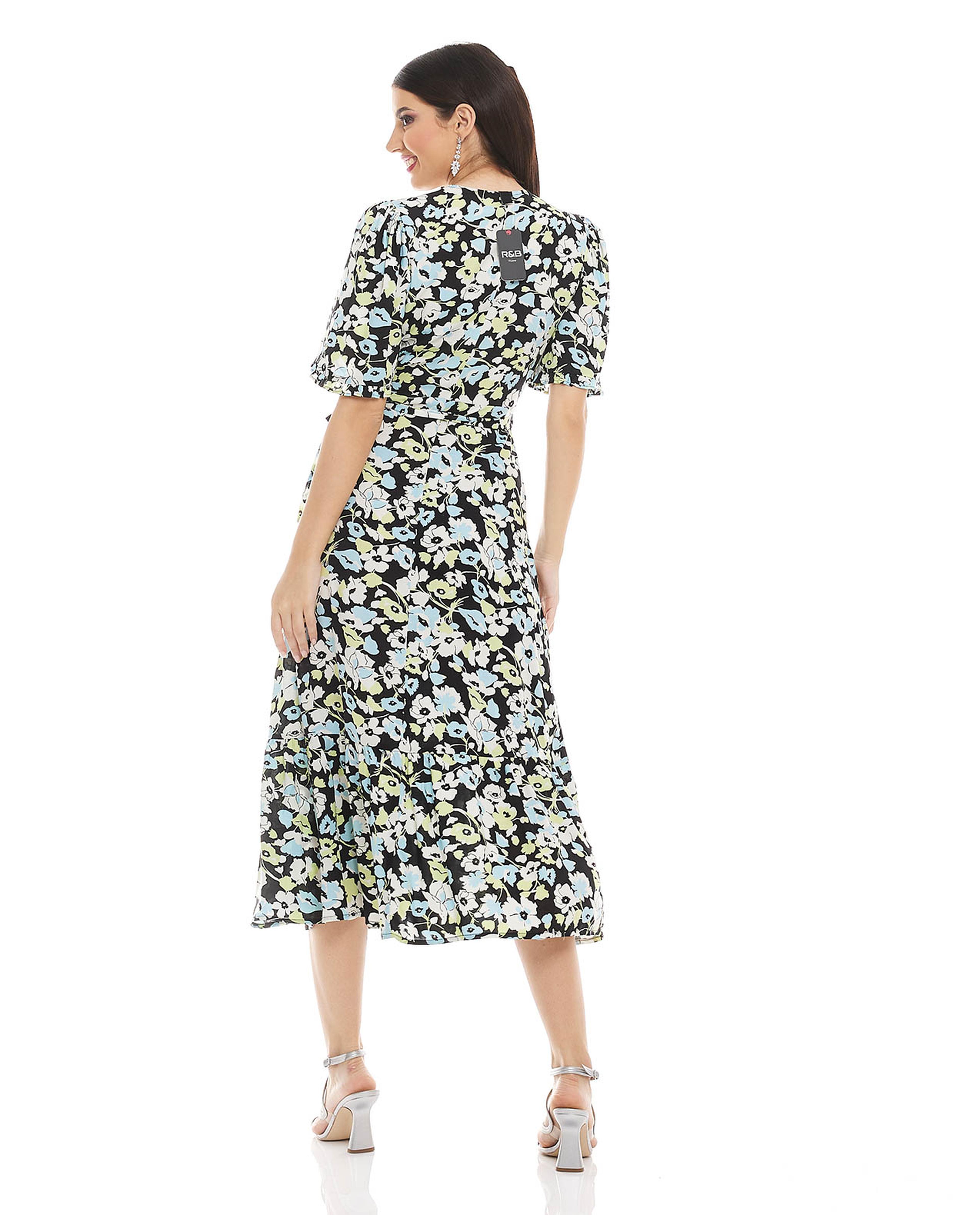 Printed Midi Dress with V-Neck and Flared Sleeves