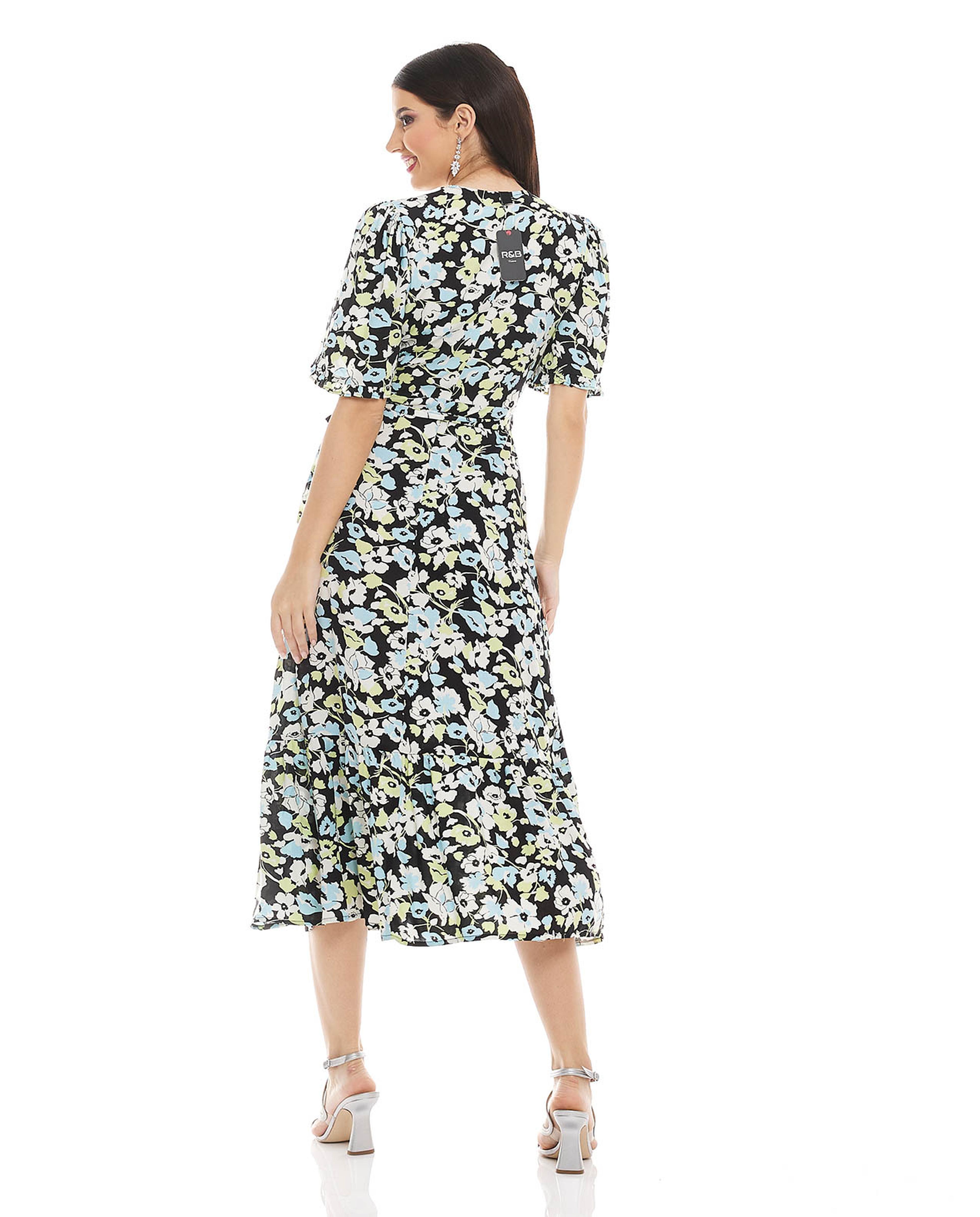 Printed Midi Dress with V-Neck and Flared Sleeves