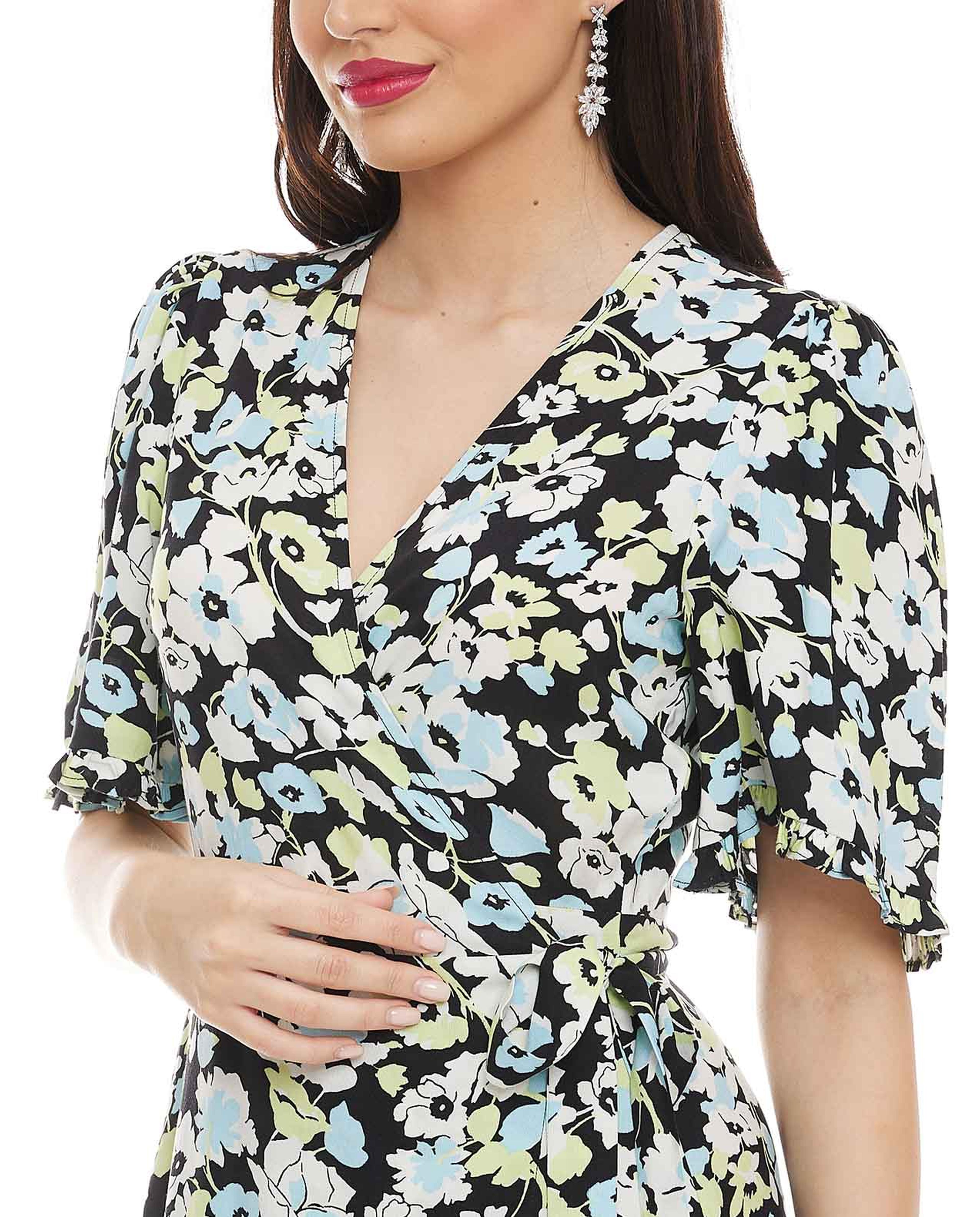 Printed Midi Dress with V-Neck and Flared Sleeves