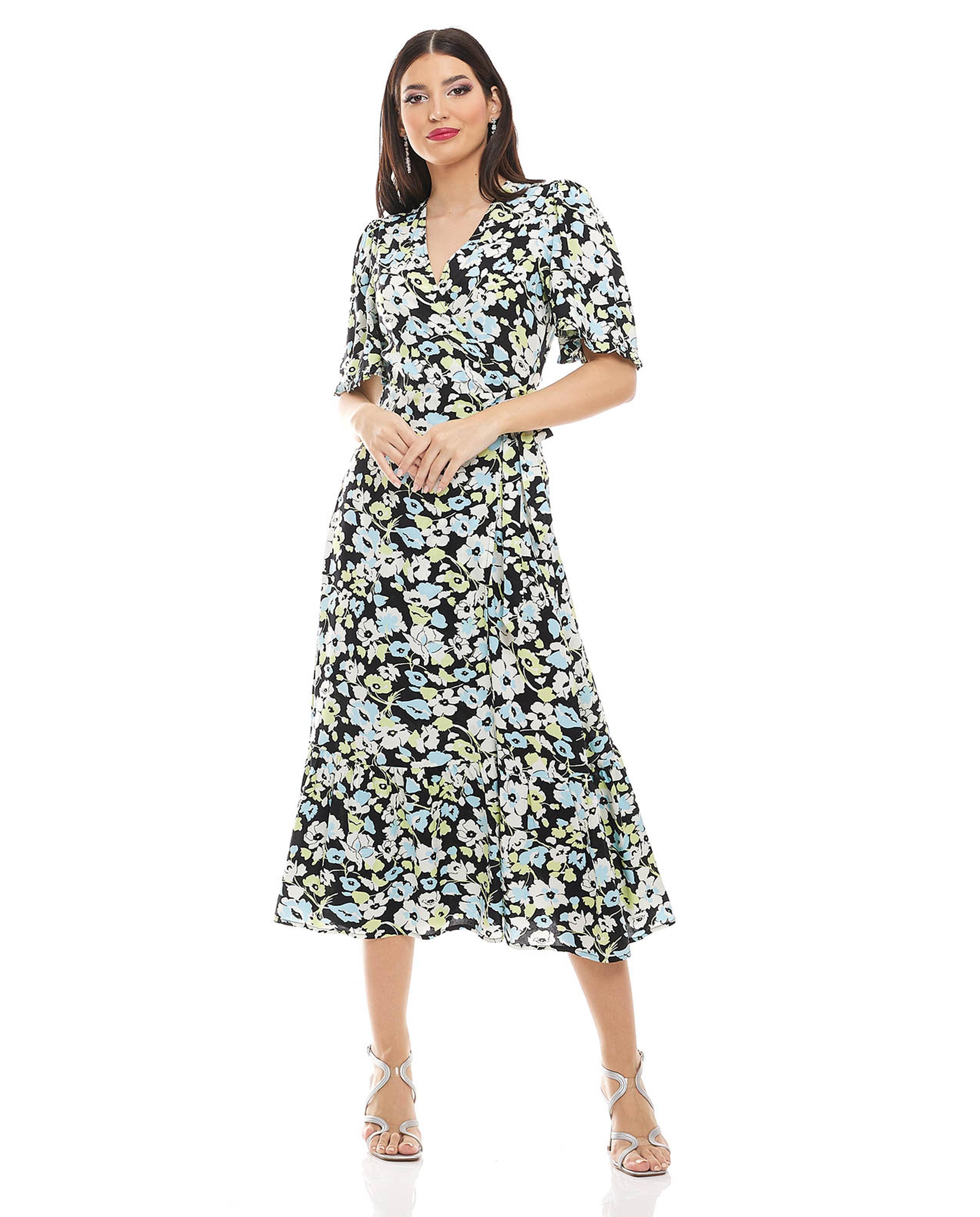 Printed Midi Dress with V-Neck and Flared Sleeves