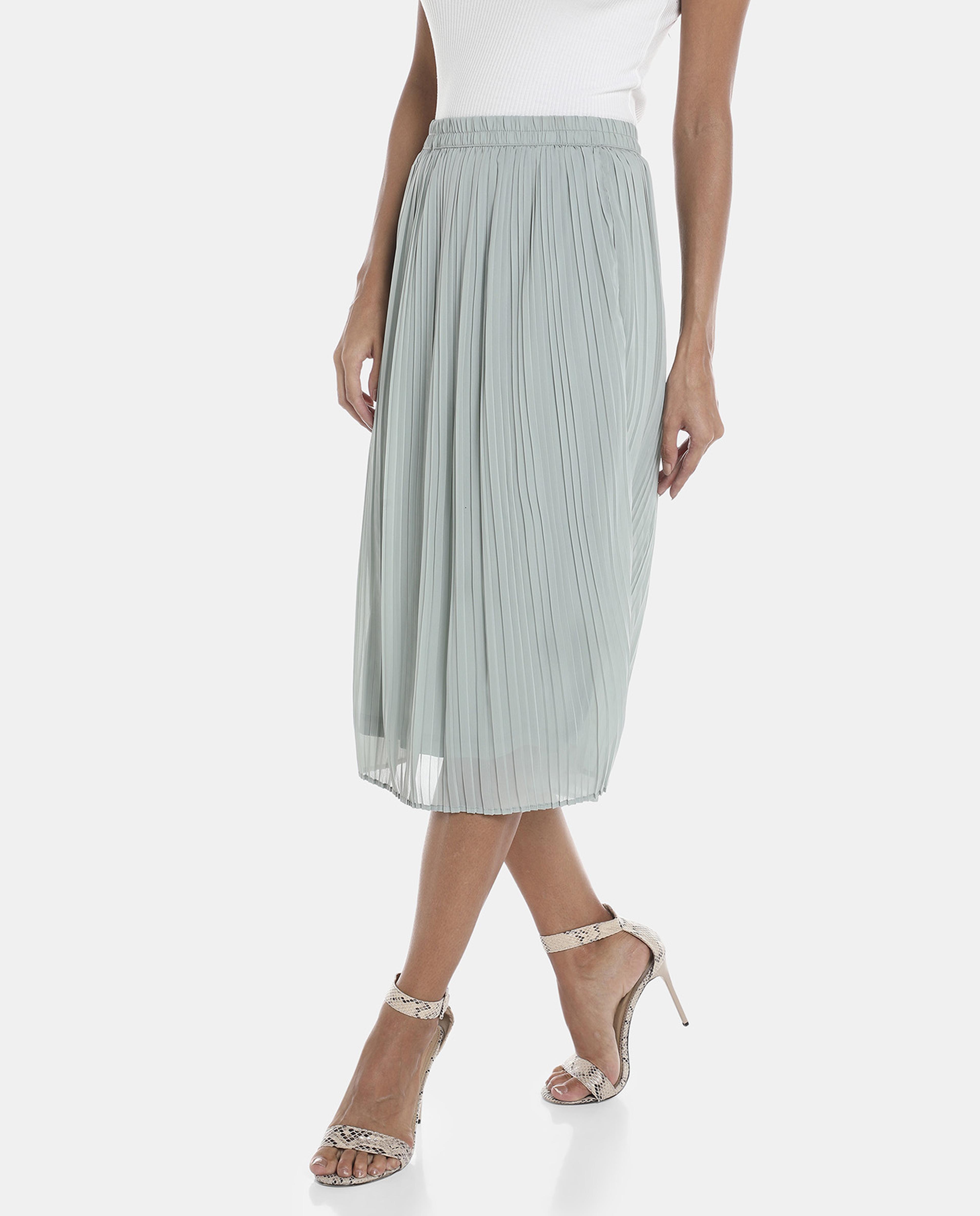 R&B Green Solid Accordian Pleated Midi Skirt