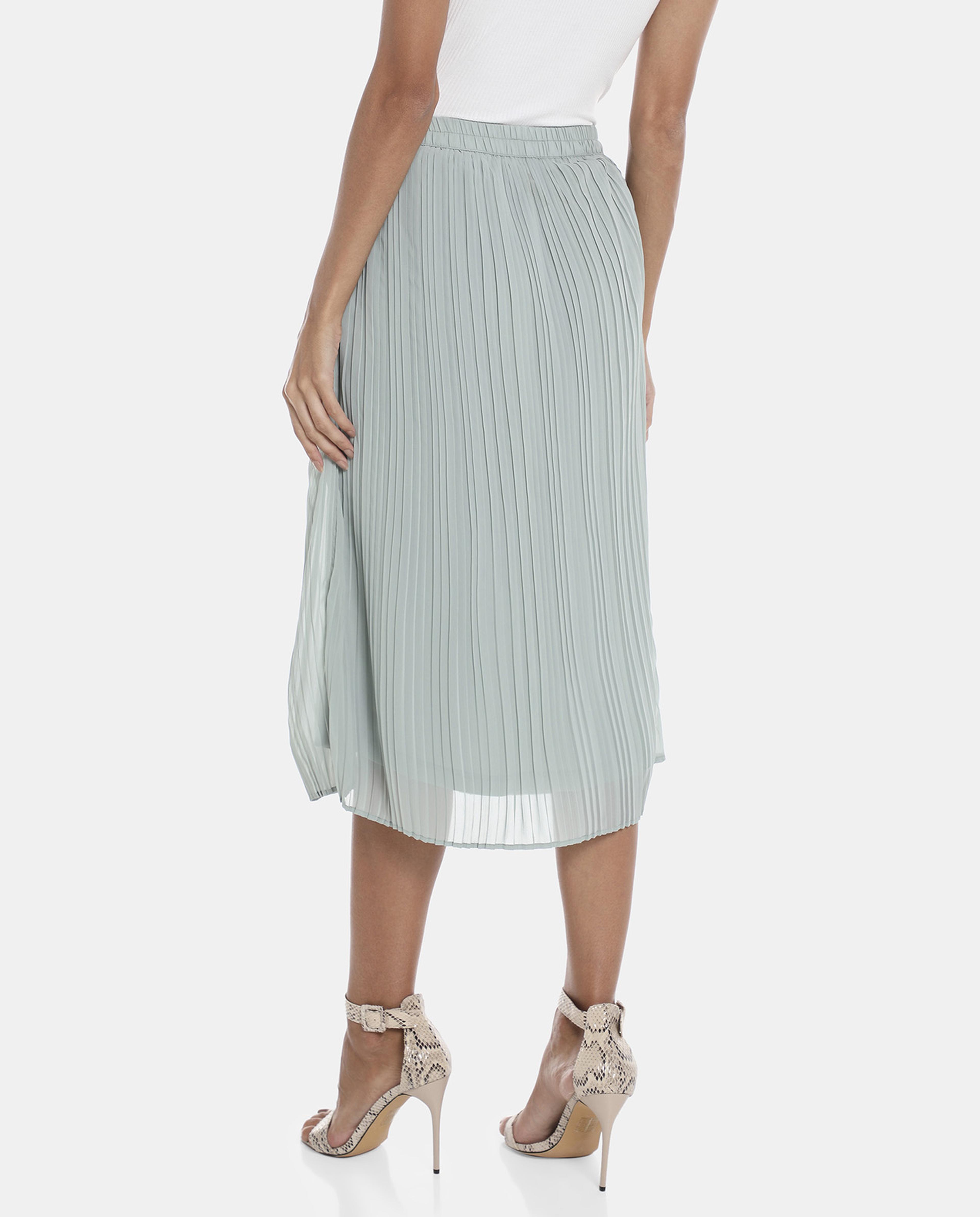 R&B Green Solid Accordian Pleated Midi Skirt