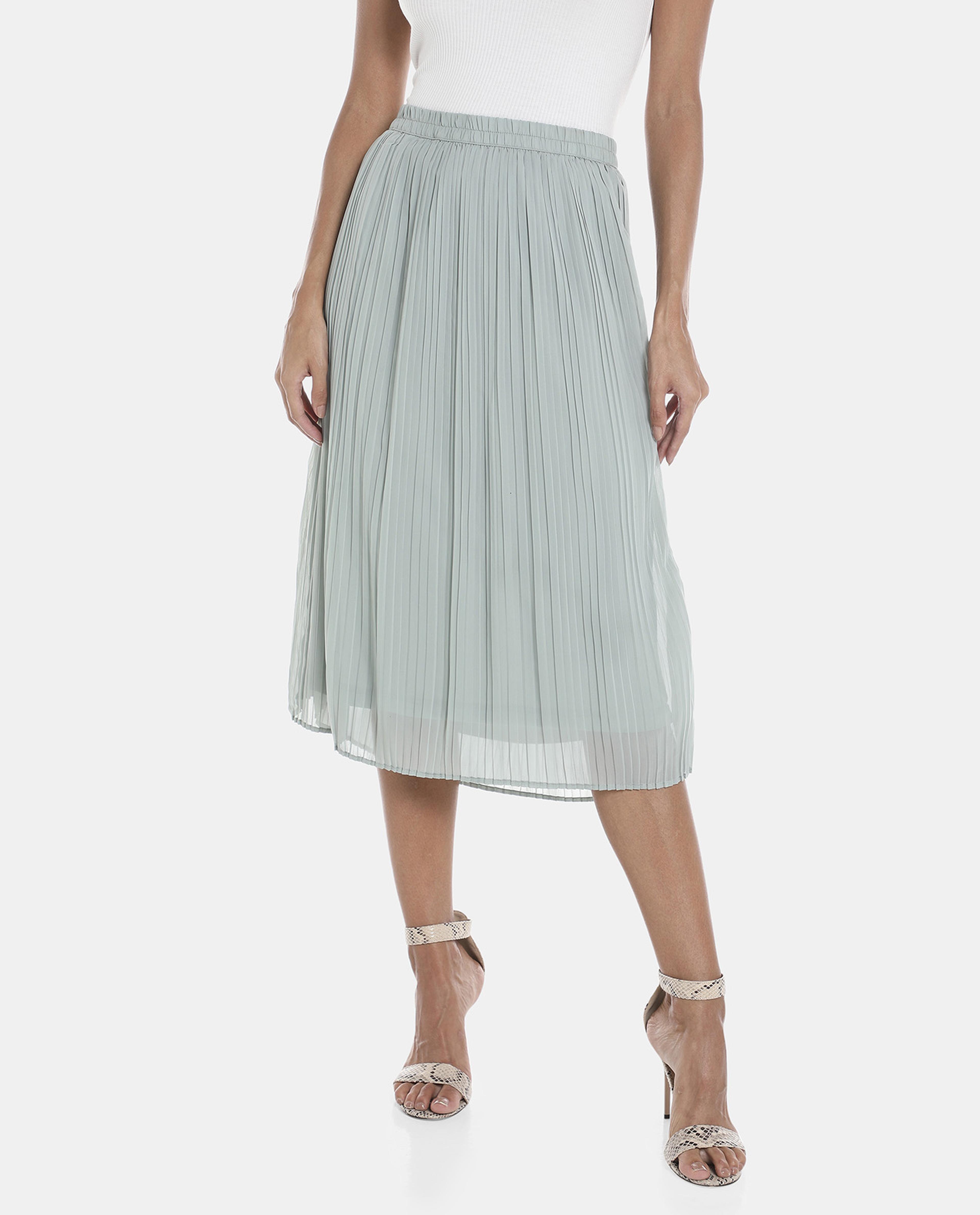 R&B Green Solid Accordian Pleated Midi Skirt
