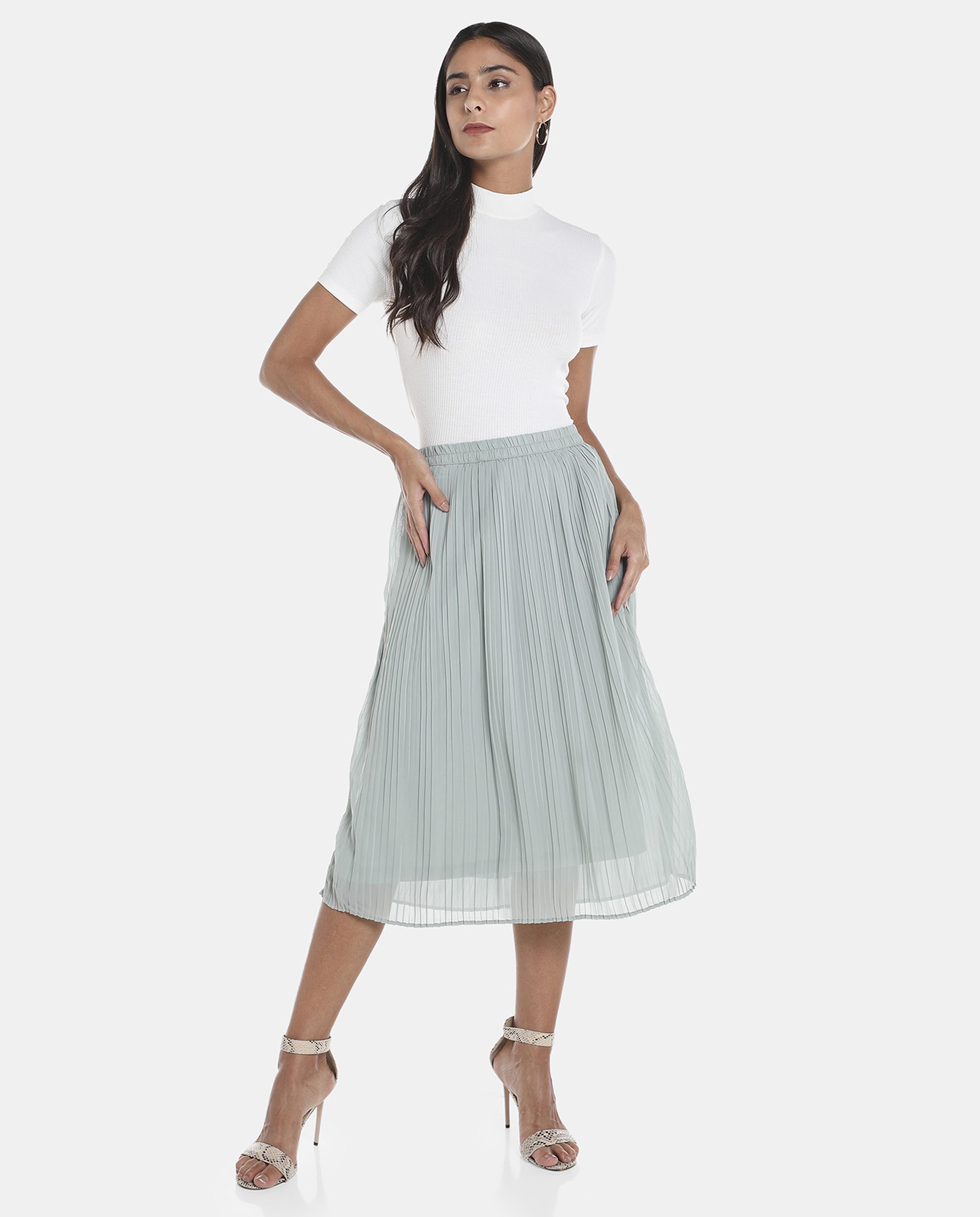 R&B Green Solid Accordian Pleated Midi Skirt