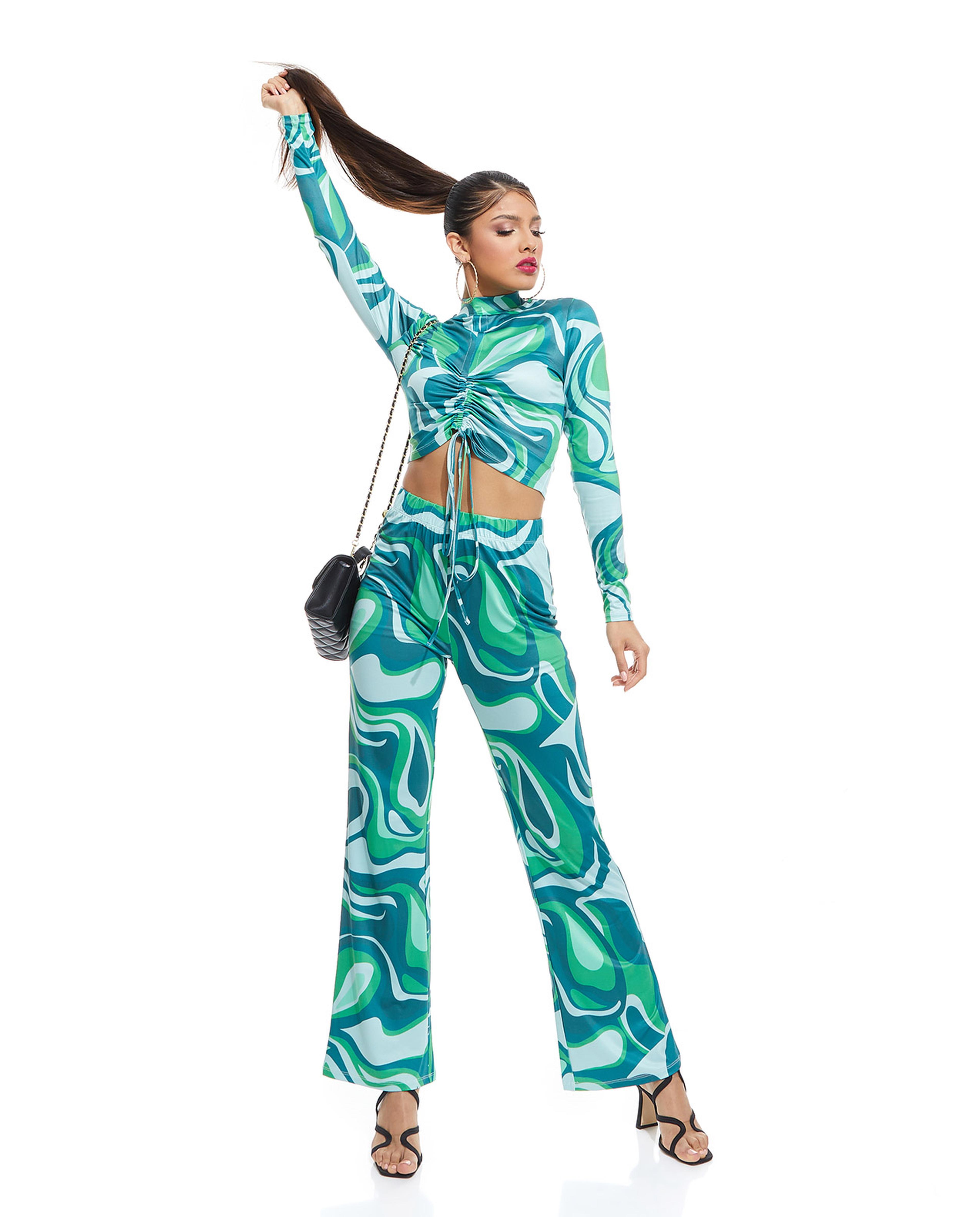 Printed Top with Mock Neck and Drawstring Front