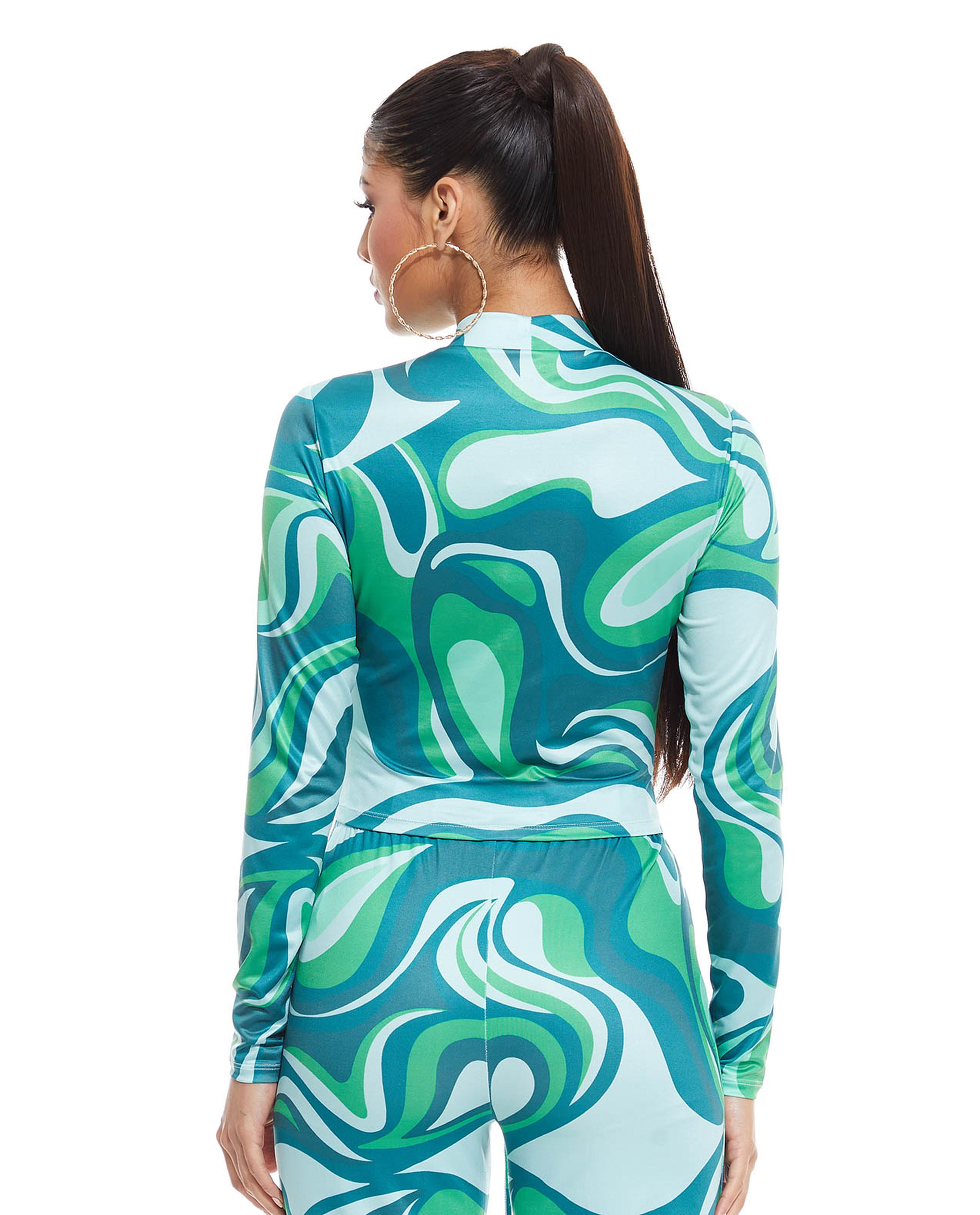 Printed Top with Mock Neck and Drawstring Front