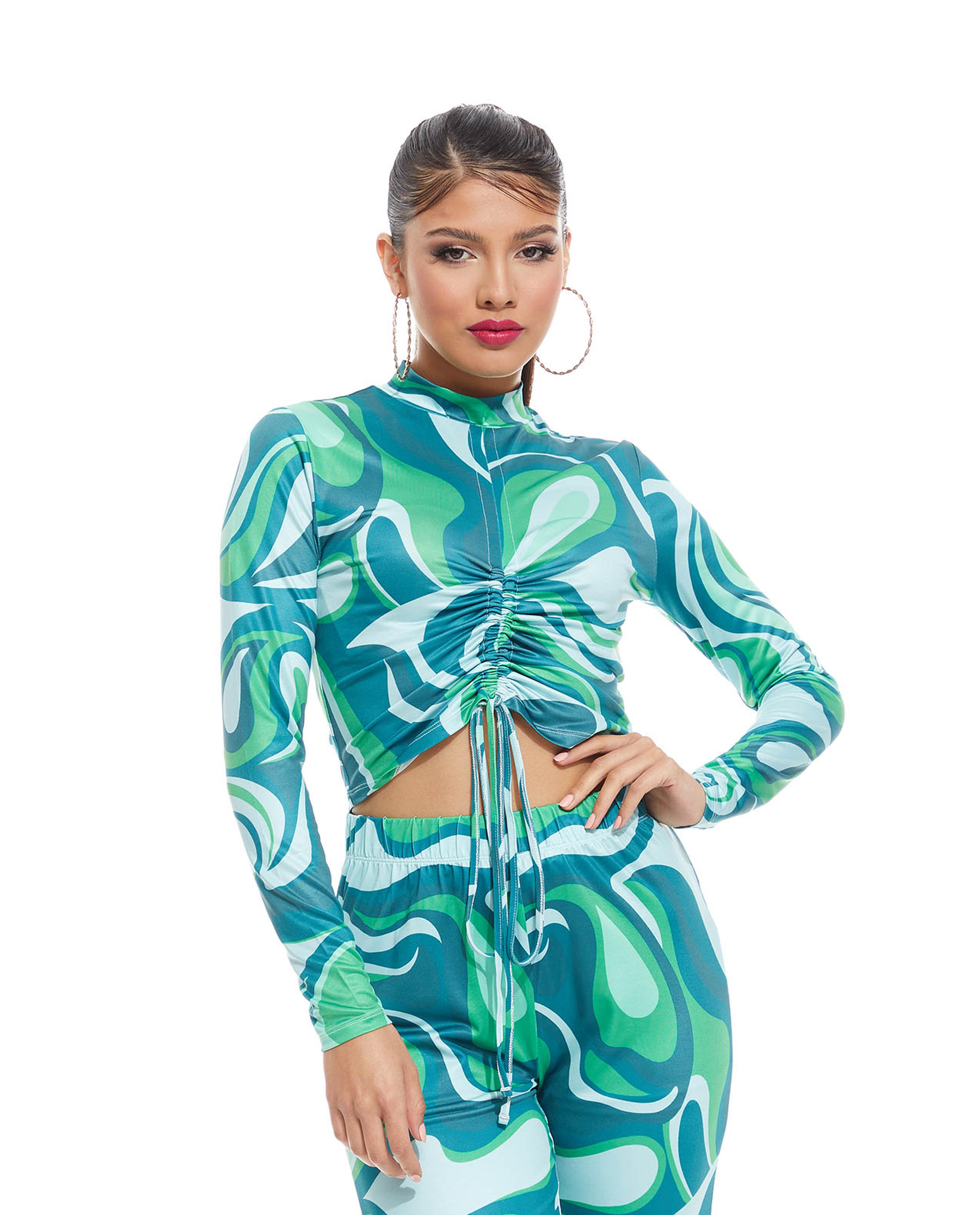 Printed Top with Mock Neck and Drawstring Front