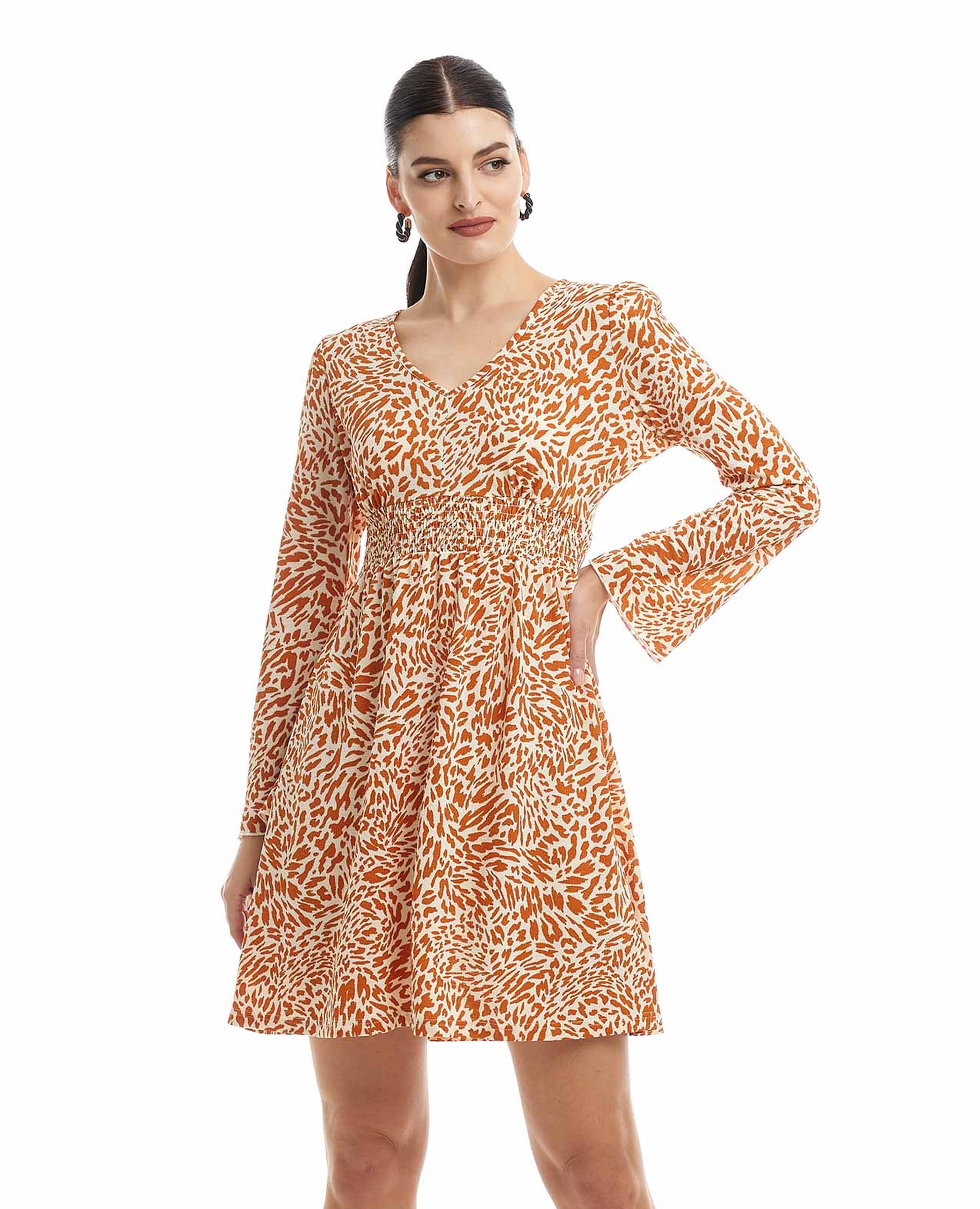 All Over Print Flared Dress with Long Sleeves