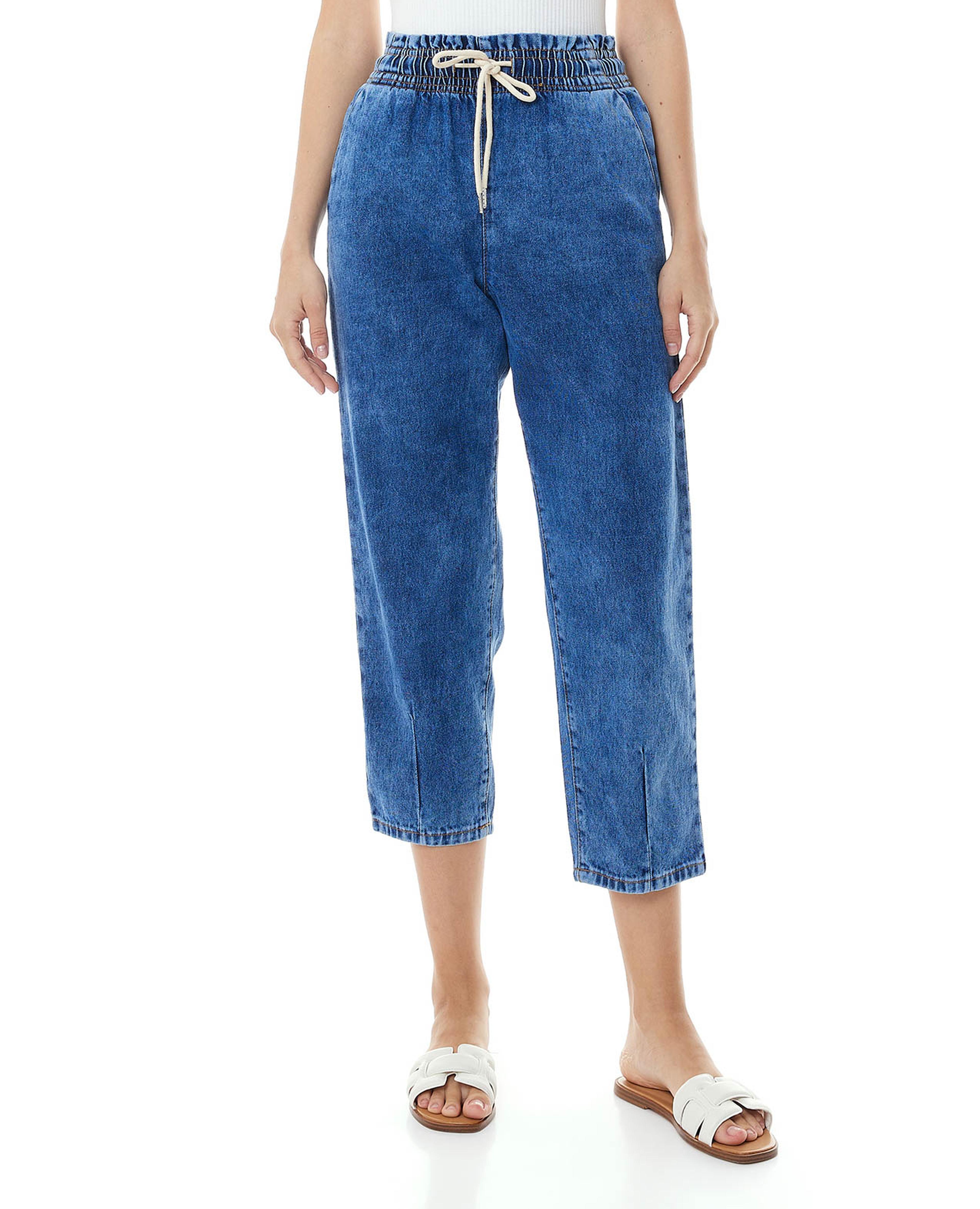 Washed Cropped Jeans with Drawstring Waist
