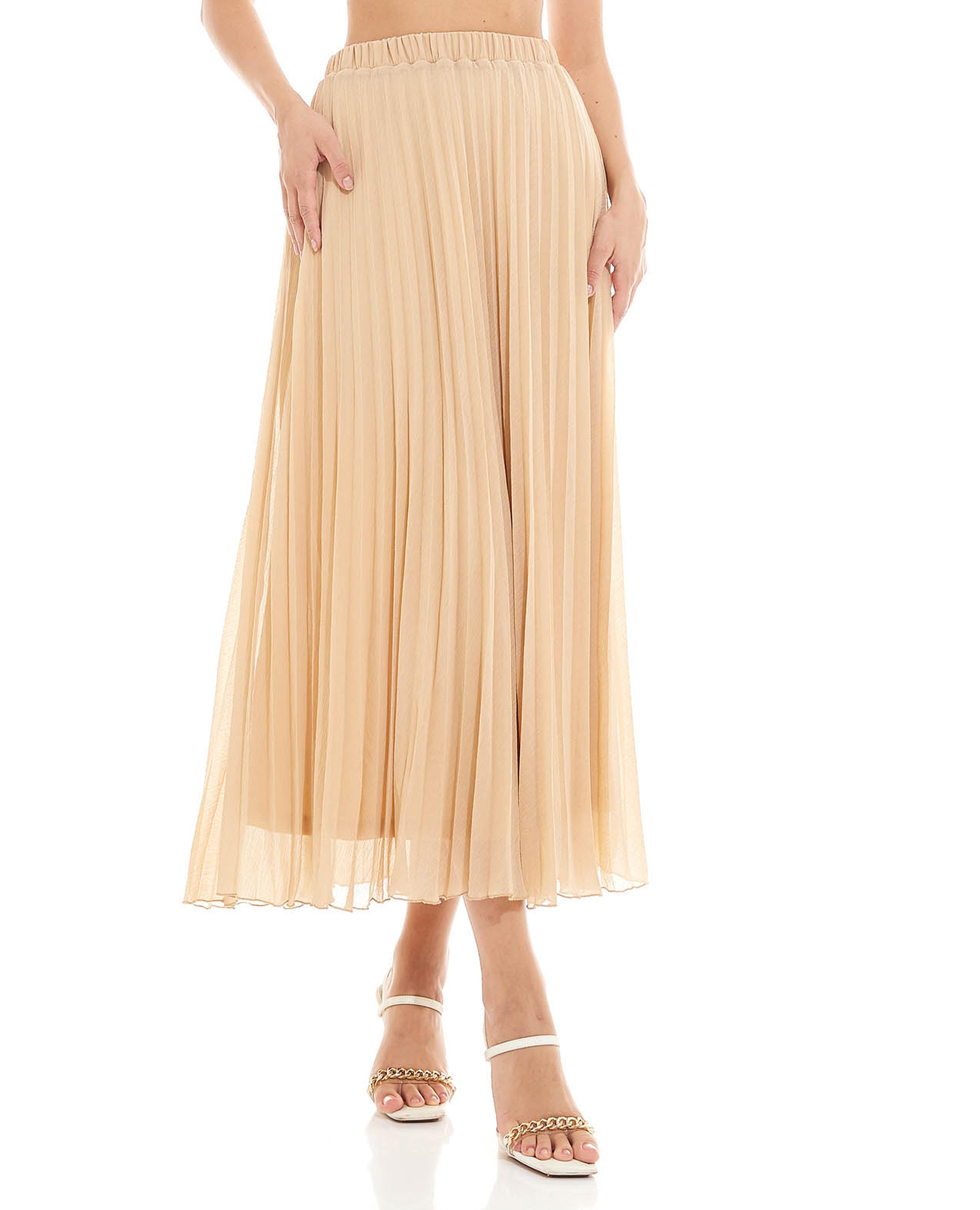 Solid Pleated Midi Skirt with Elastic Waist