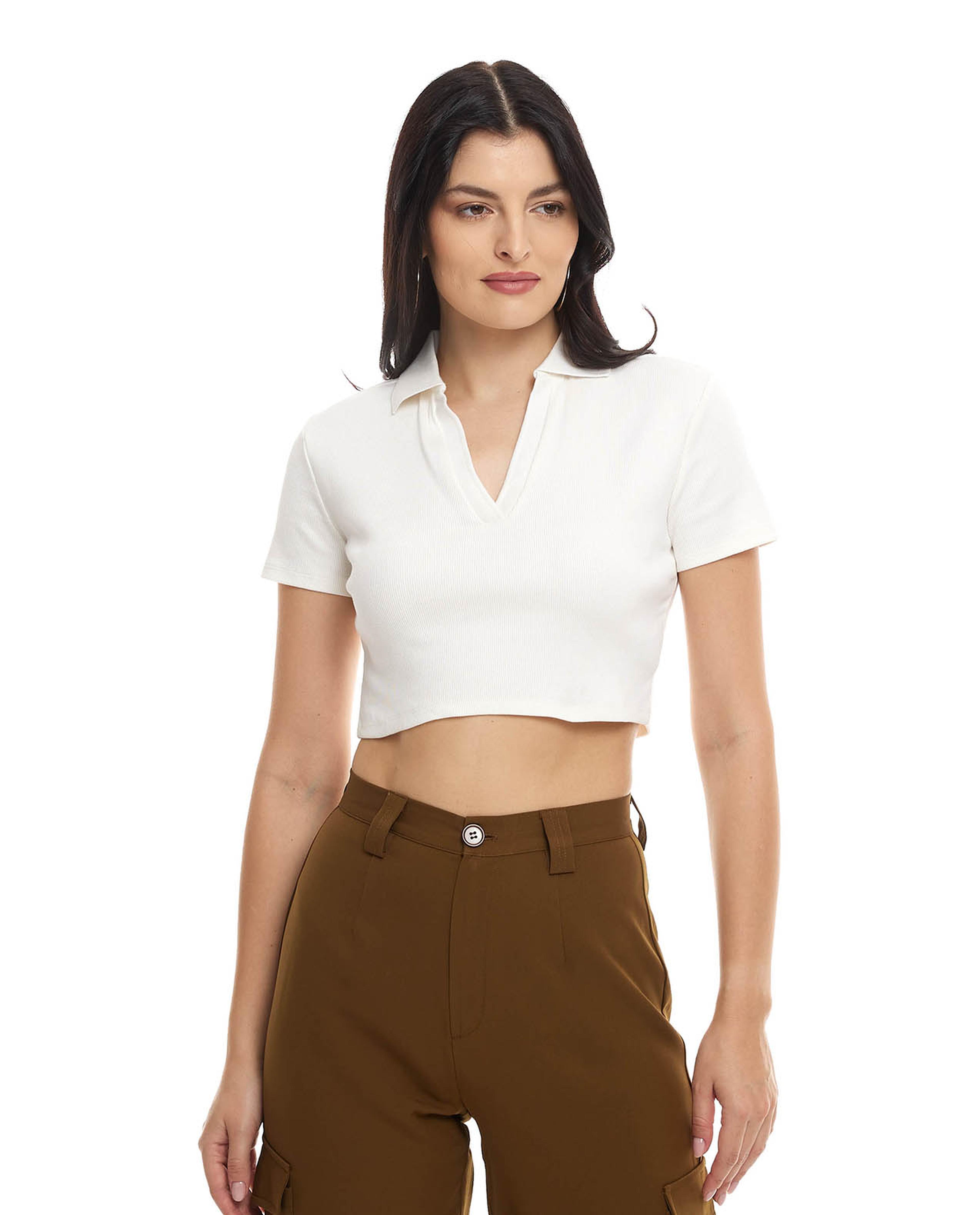 Solid Crop Top with Collared V-Neck and Short Sleeves