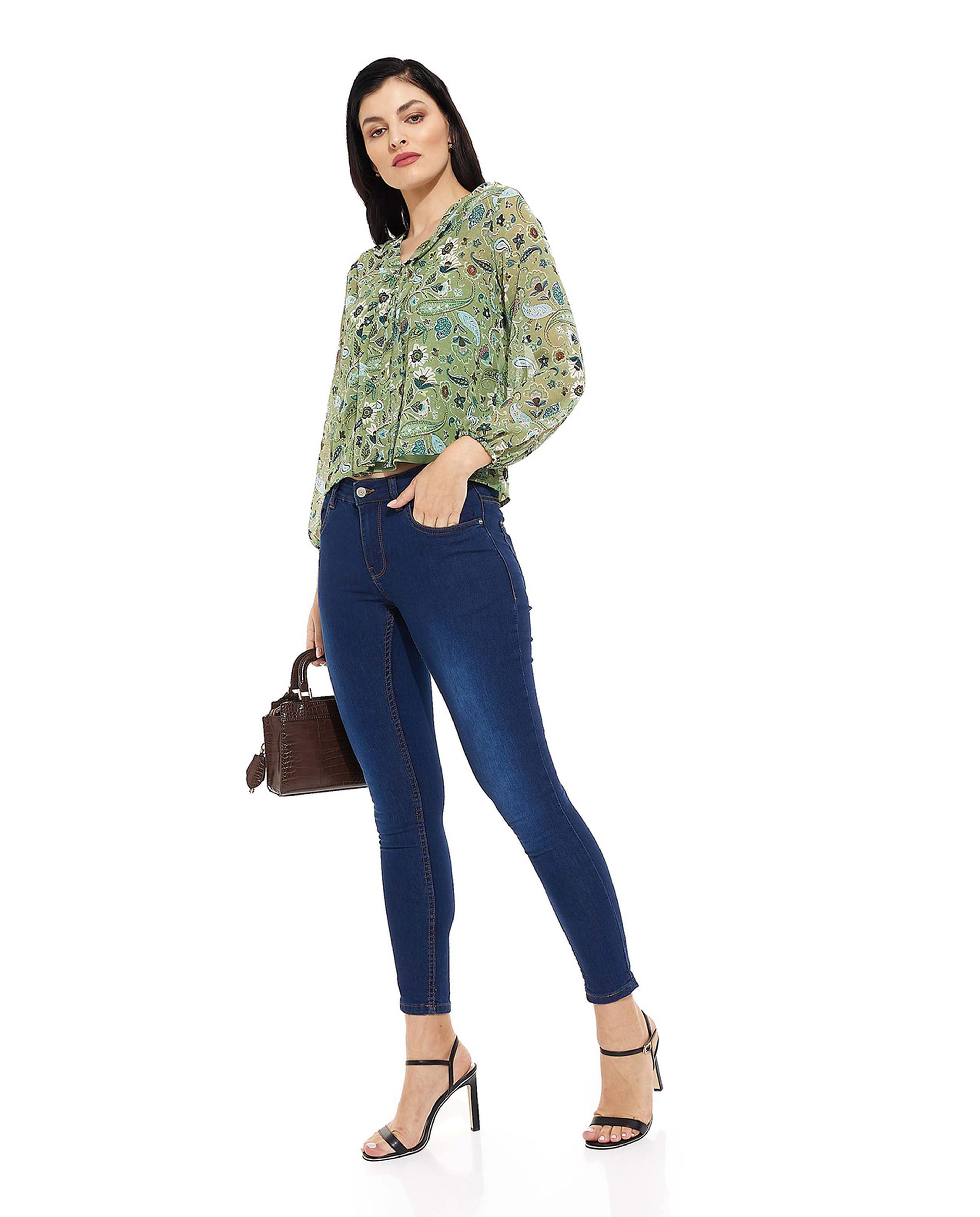 بنطال جينز بخصر متوسط بأزرار