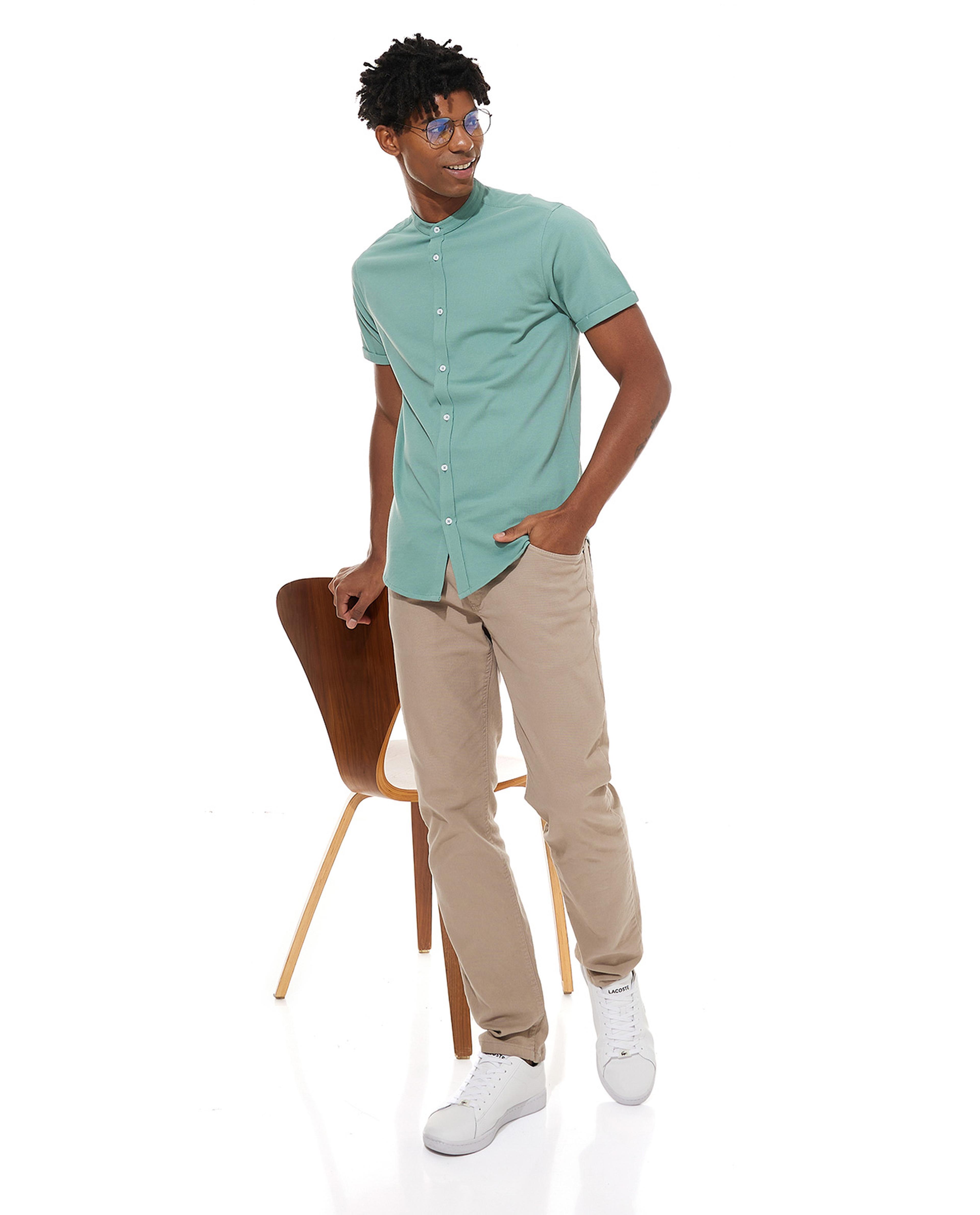 Solid Shirt with Mandarin Collar and Short Sleeves