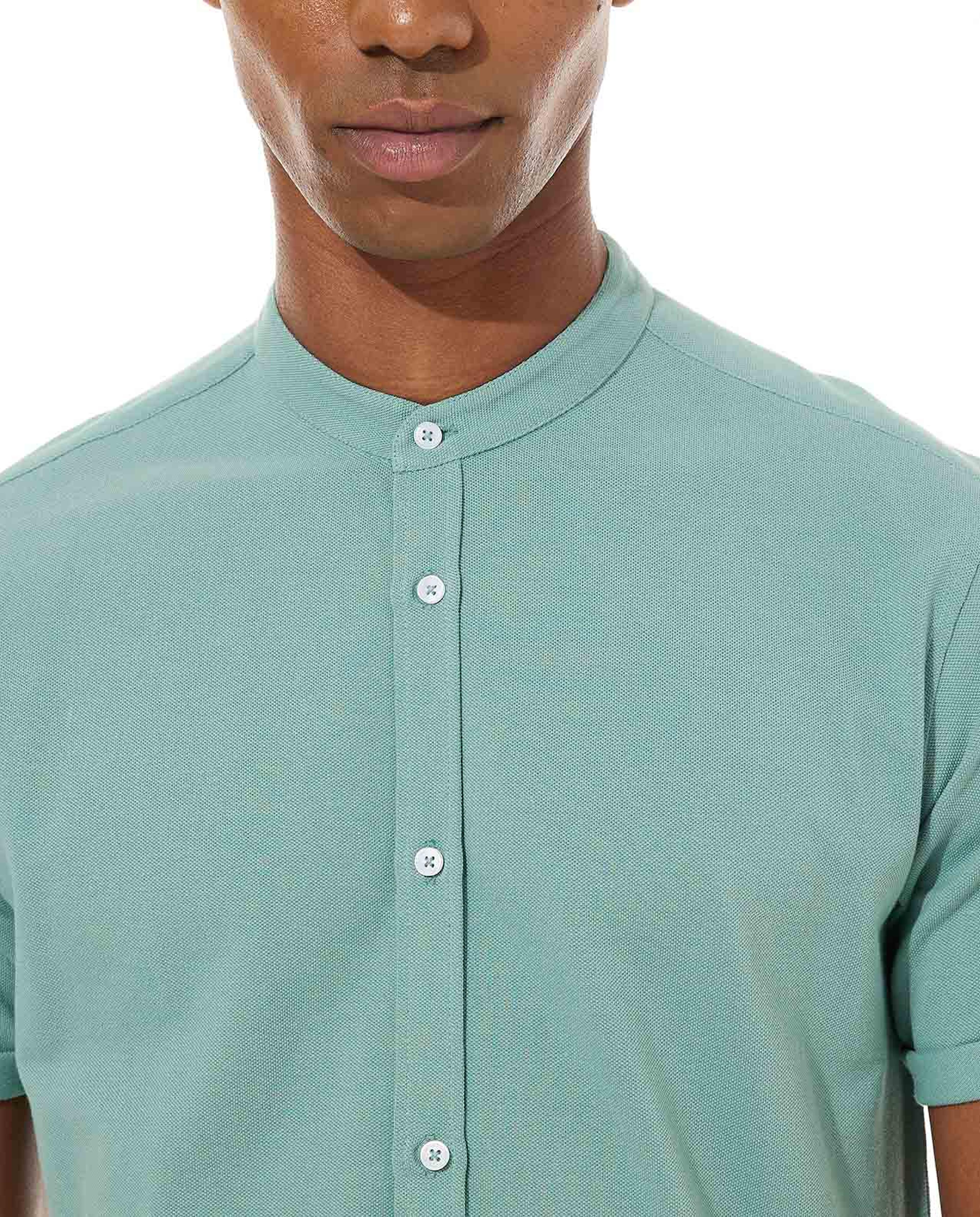 Solid Shirt with Mandarin Collar and Short Sleeves