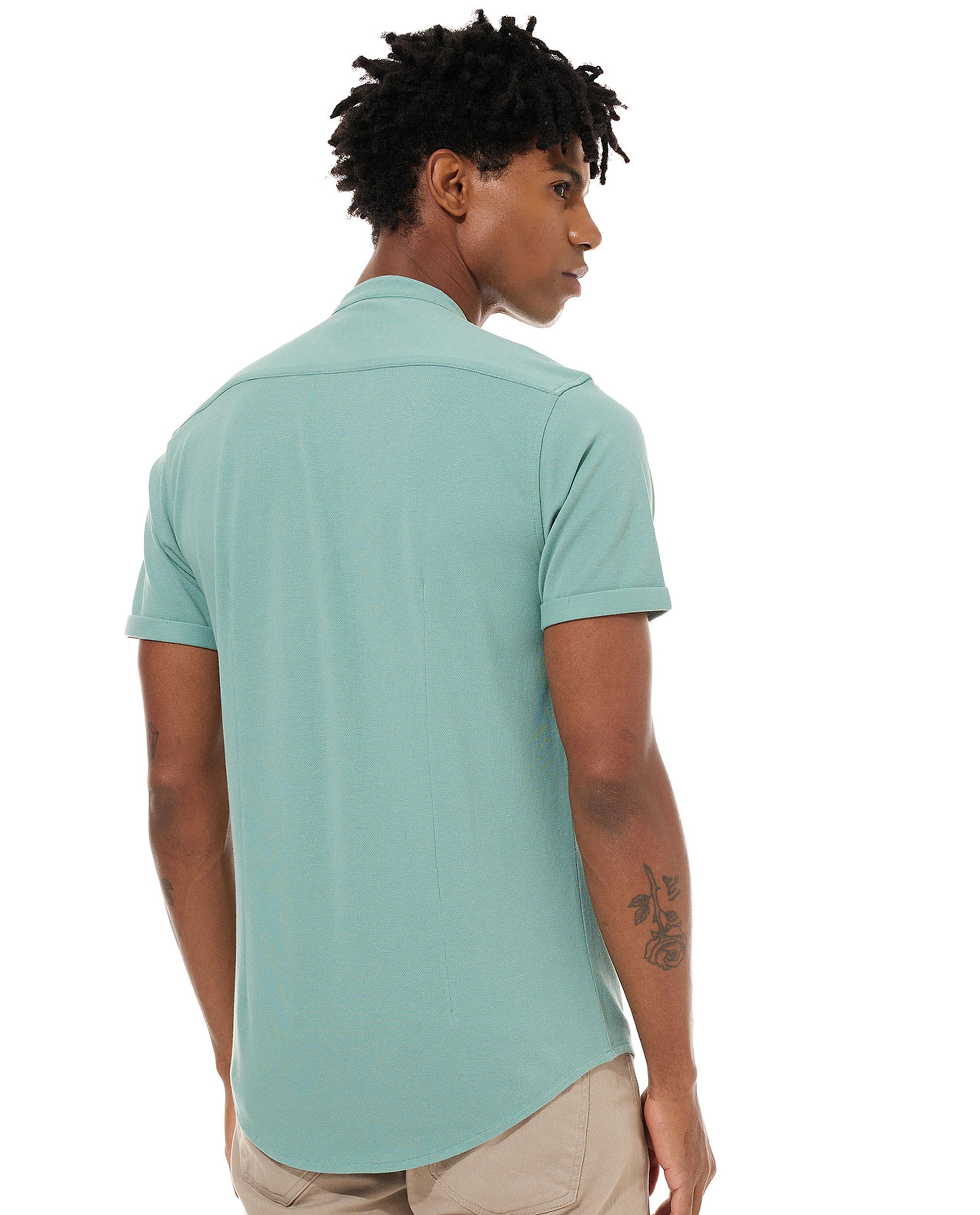 Solid Shirt with Mandarin Collar and Short Sleeves