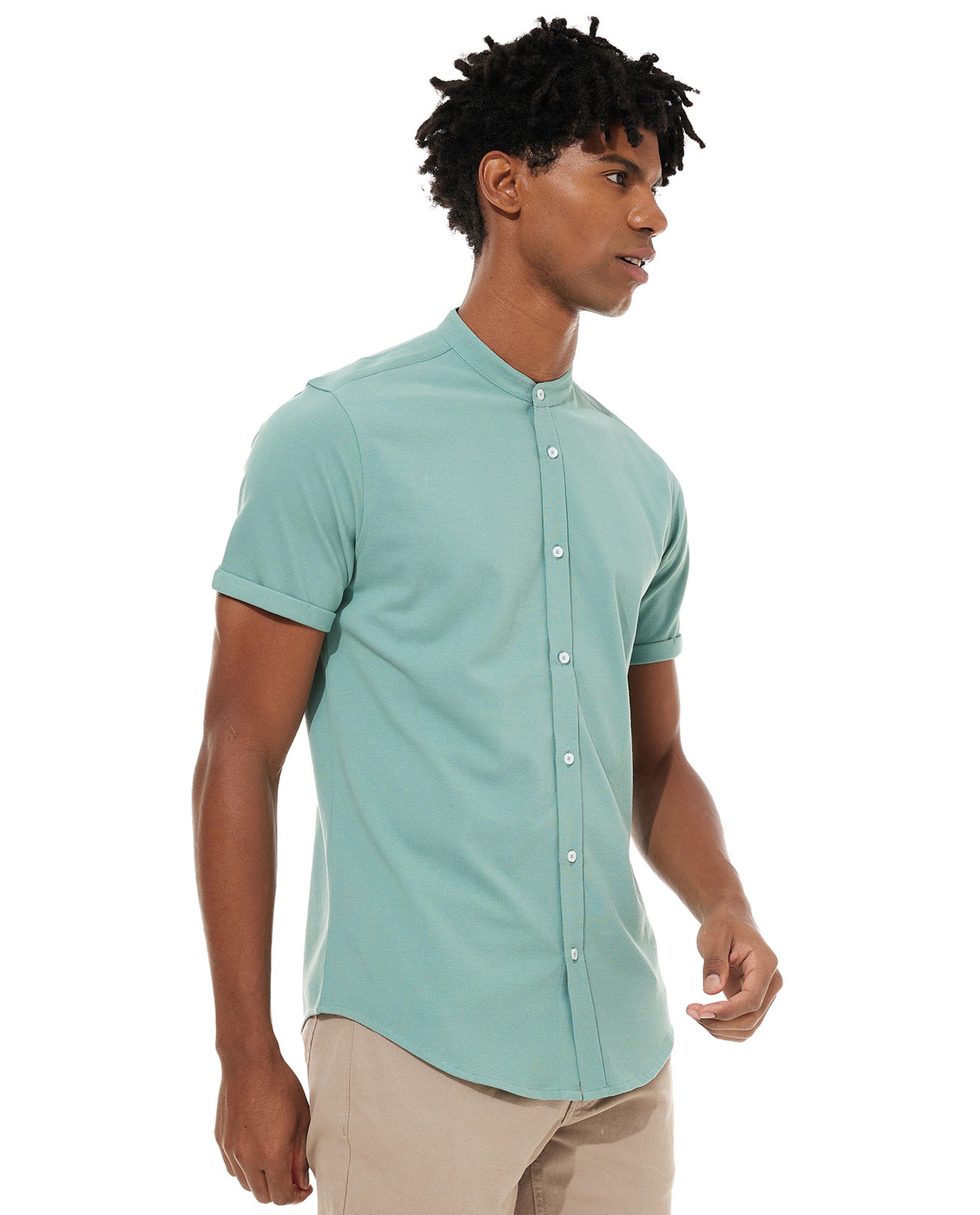 Solid Shirt with Mandarin Collar and Short Sleeves