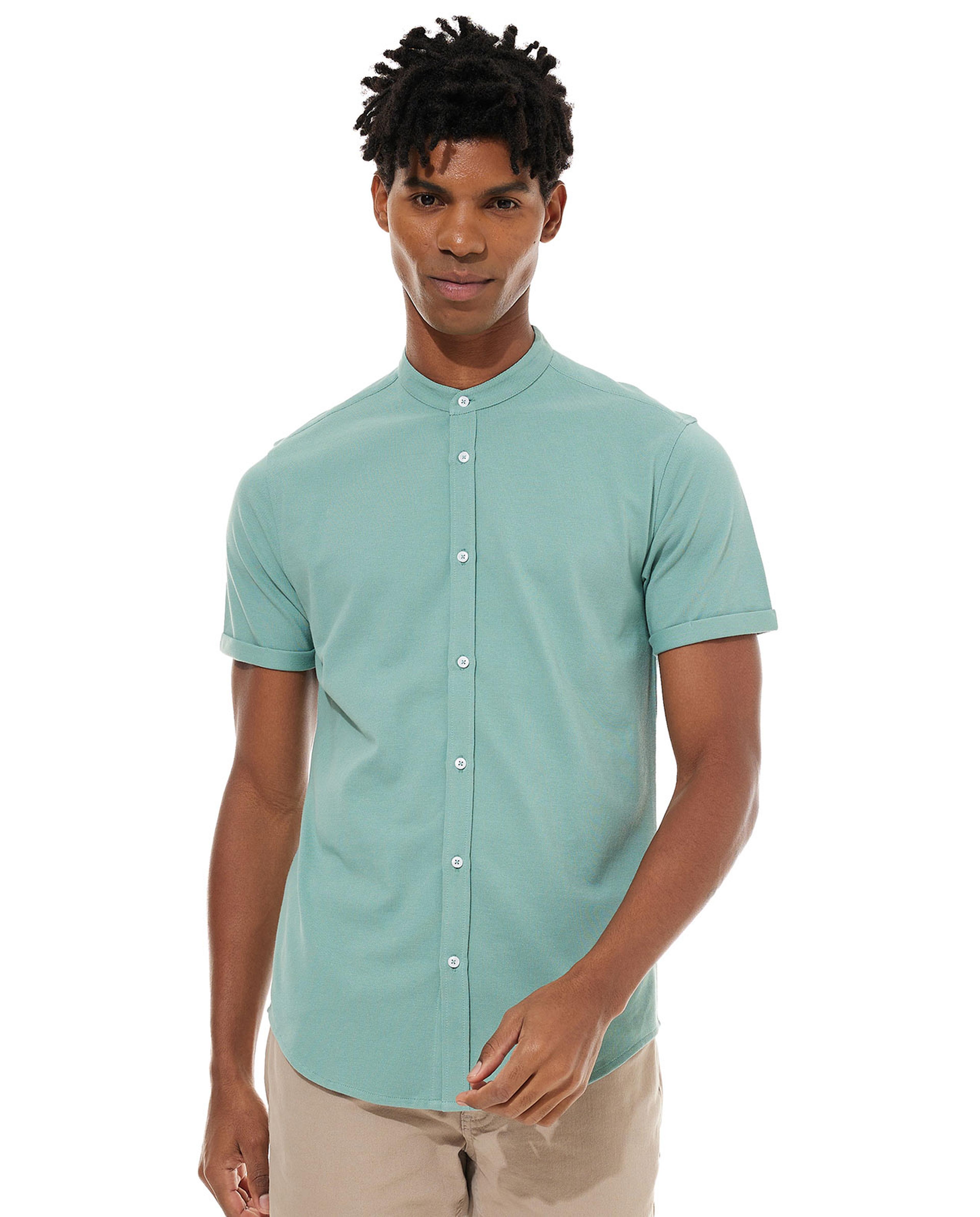Solid Shirt with Mandarin Collar and Short Sleeves