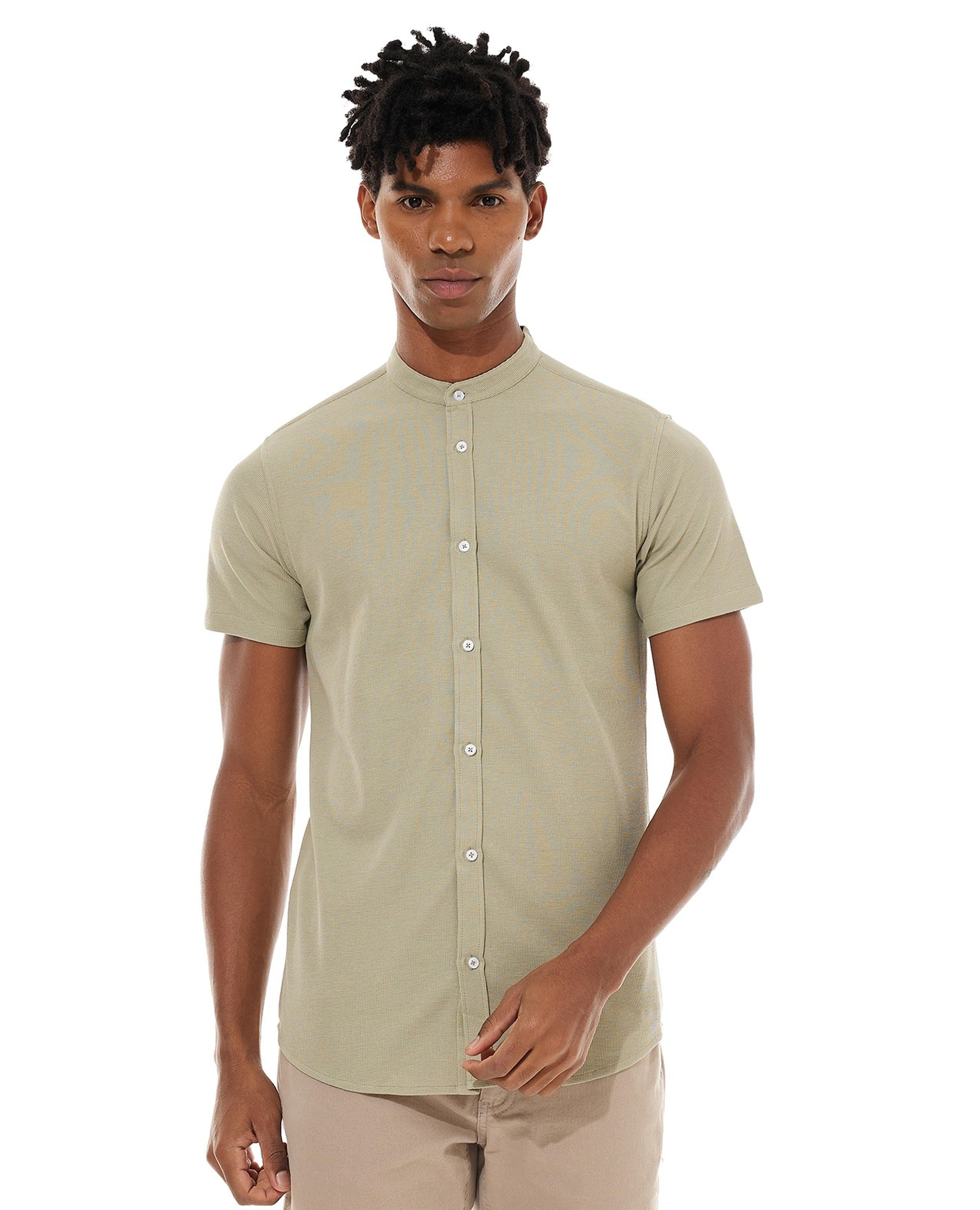 Solid Shirt with Mandarin Collar and Short Sleeves