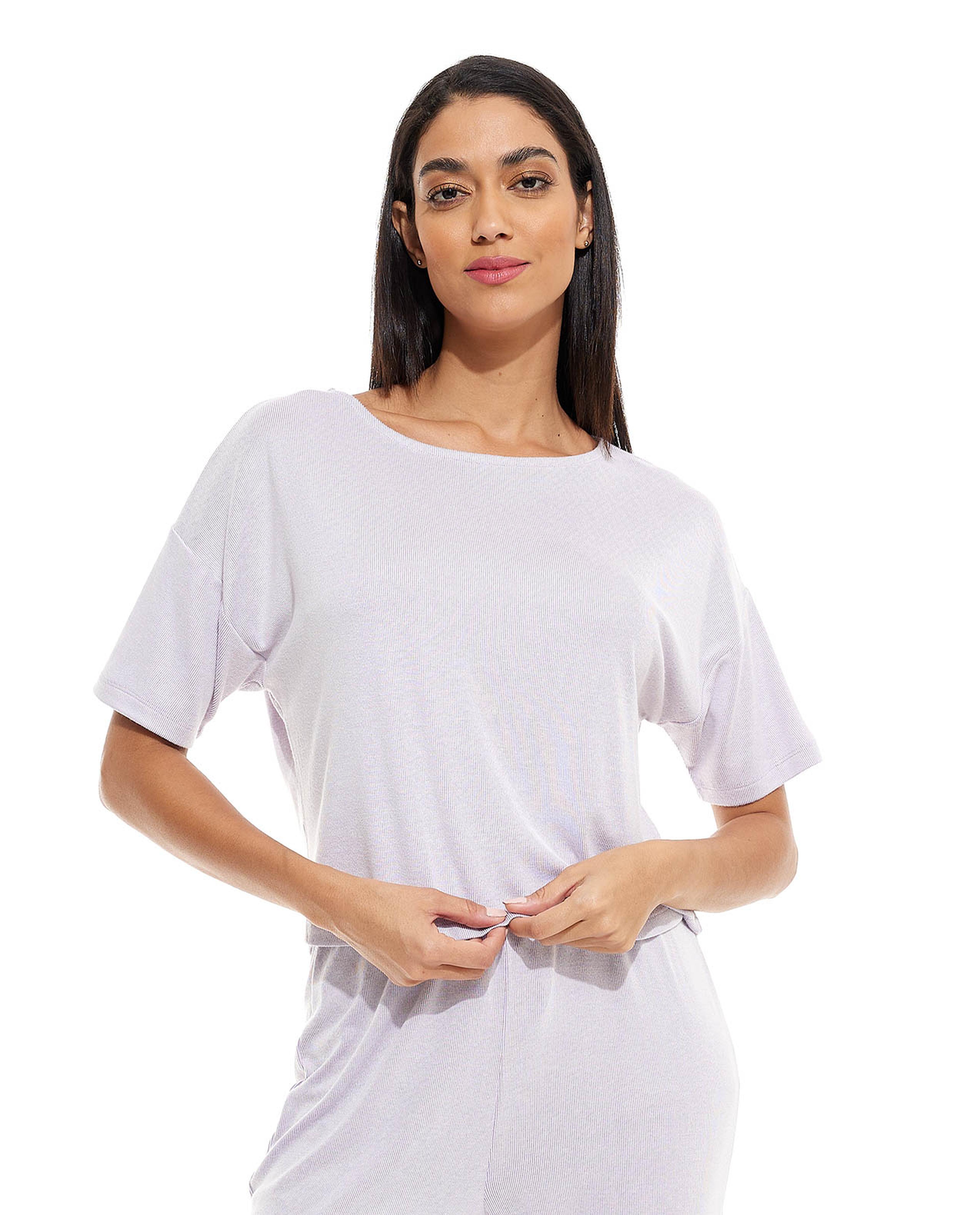 Solid Sleep Top with Crew Neck and Short Sleeves